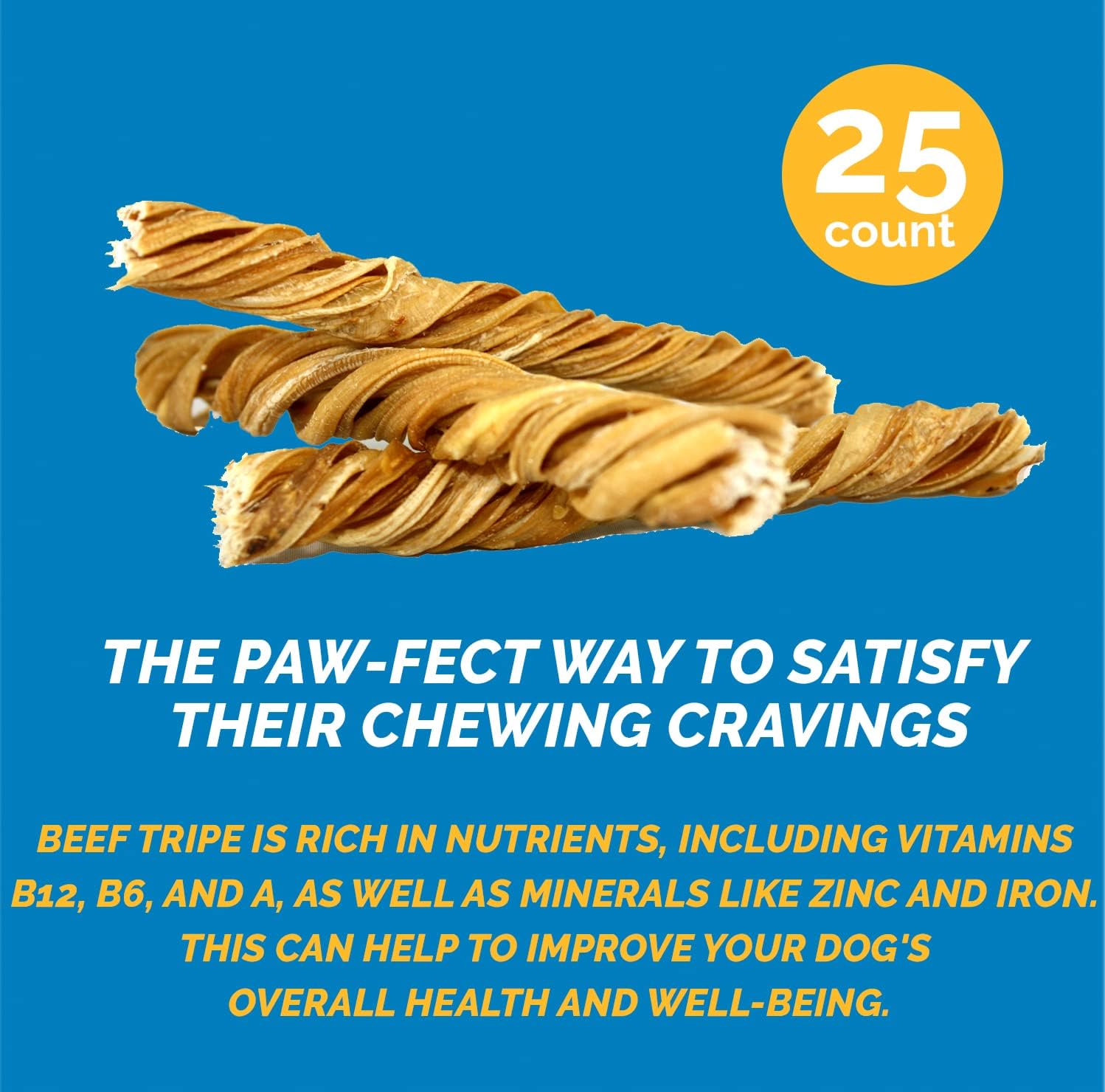 Beef Tripe Sticks for Dogs (6" - 25 Count) All Natural Dog Treats from Free Range, Grass Fed Beef Dog Chews Safe & Easily Digestible – Lasting Twist Sticks - Great for Puppies & Senior Dogs
