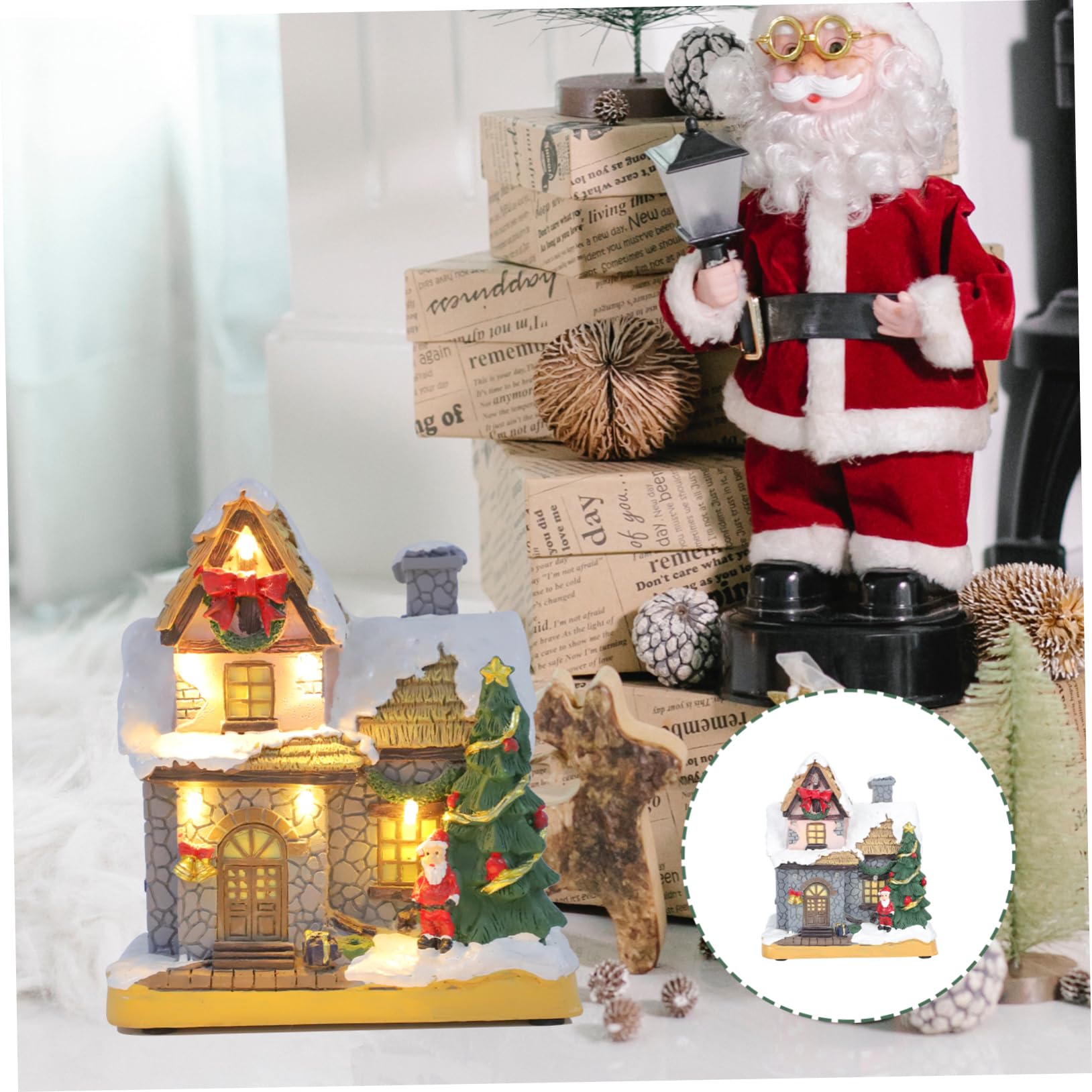 COLLBATH Decoración de Casa Iluminada Casa de Resina Navideña Adorno para Decoración para Micro Suministros Navideños para Escenario de Navidad