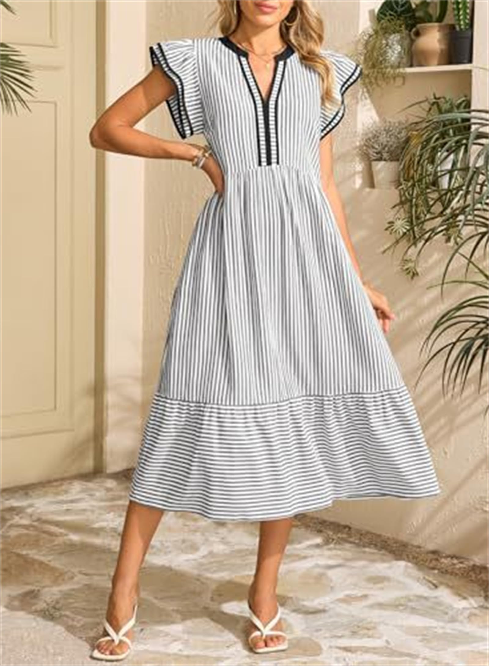 Vestido Midi de Verano para Mujer, Casual, con Escote en V, Estampado de Cuadros Vichy y Mangas Cortas con Volantes, Estilo Bohemio y Falda escalonada, Ideal para Vacaciones en la Playa.
