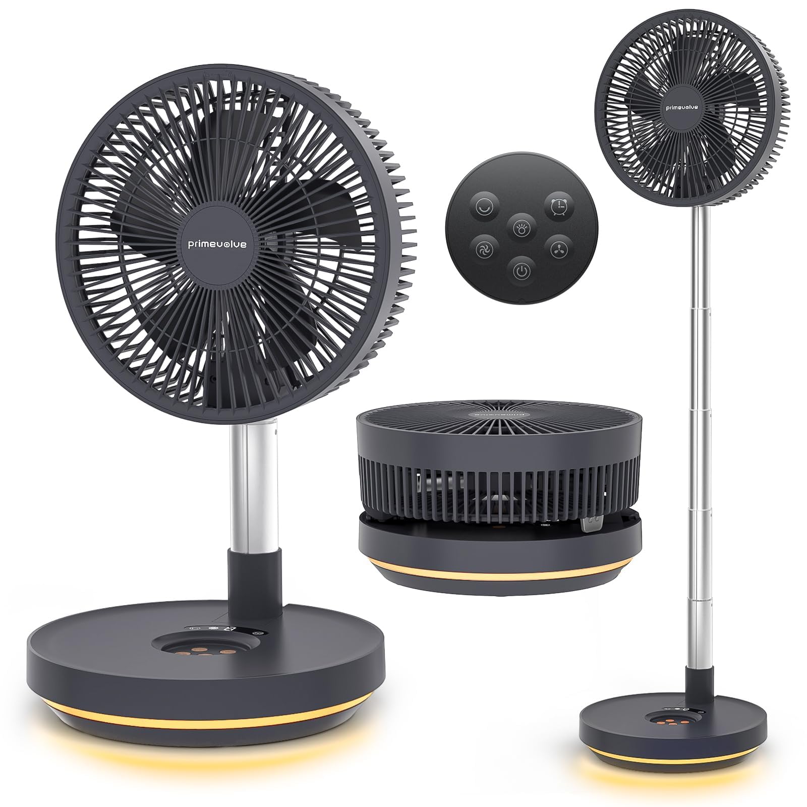 Tragbarer, oszillierender Ventilator, 10.000 mAh, wiederaufladbarer Akku mit Timer, 25,4 cm | Faltbar, 8 Geschwindigkeitsstufen, Fernbedienung, LED-Licht, für Zuhause, Schlafzimmer, Outdoor, Camping, Reisen, Dunkelgrau