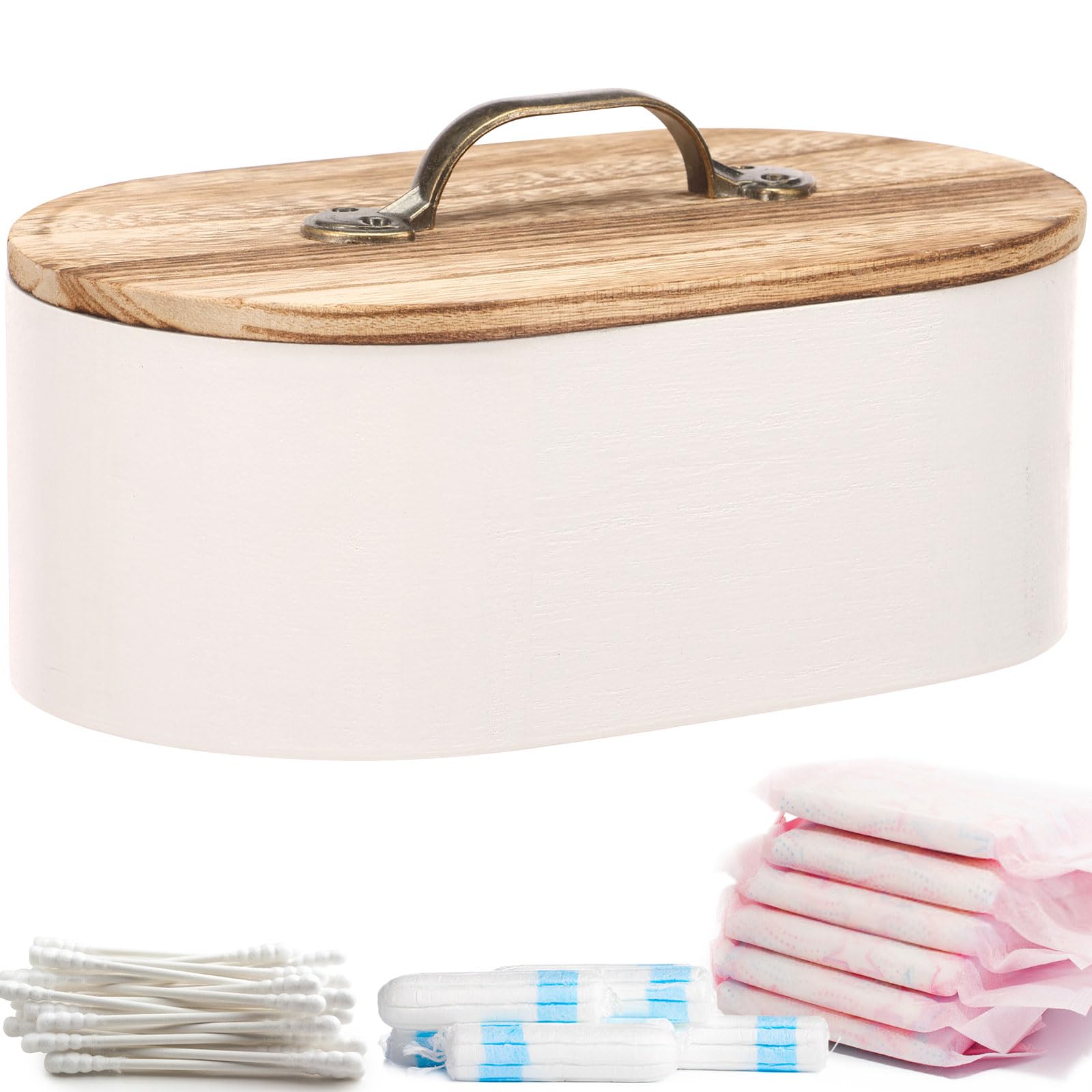 Zhjiutak Women's White Tampon Holder For Bathroom, Wood Tampon Storage With Lid Pad Organizer Feminine Products Caddy Period Organizer For (White)