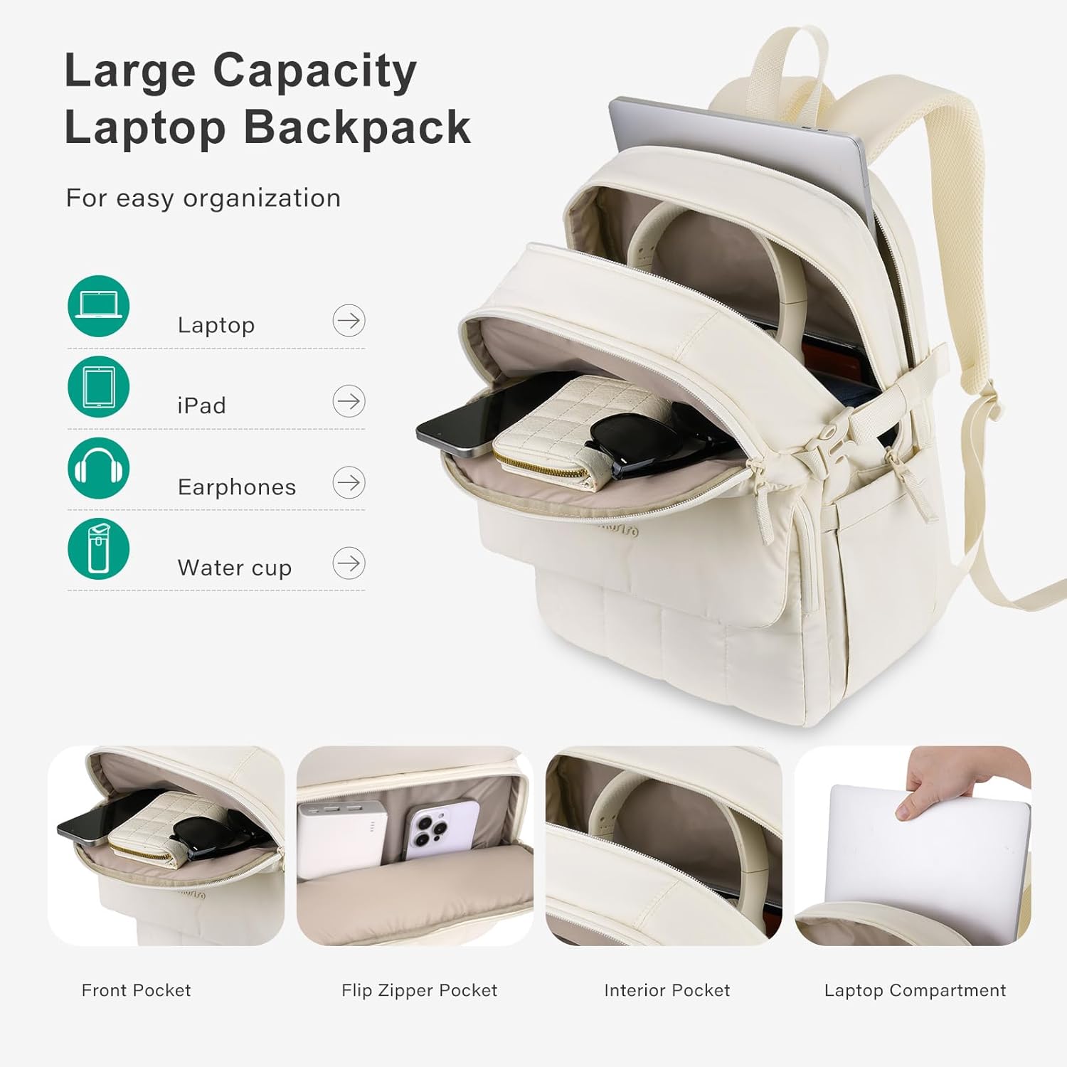 MOSISO Puffy Laptop Backpack for Women, 15.6 inch Lightweight Computer Bookbag Carry on Daypack with Flap Pocket, Travel Backpack Personal Item Bag for Commute Weekender College Work Business, Beige - Image 2