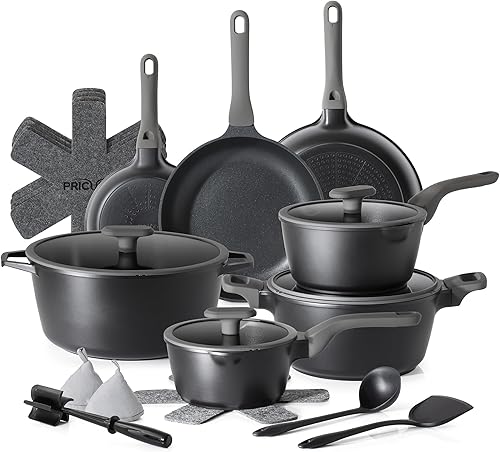 Miniatura 9 de PRICUSIS Juego de ollas y sartenes antiadherentes, 9 piezas de utensilios de cocina antiadherentes de cerámica no tóxica, sartén saludable para Gris