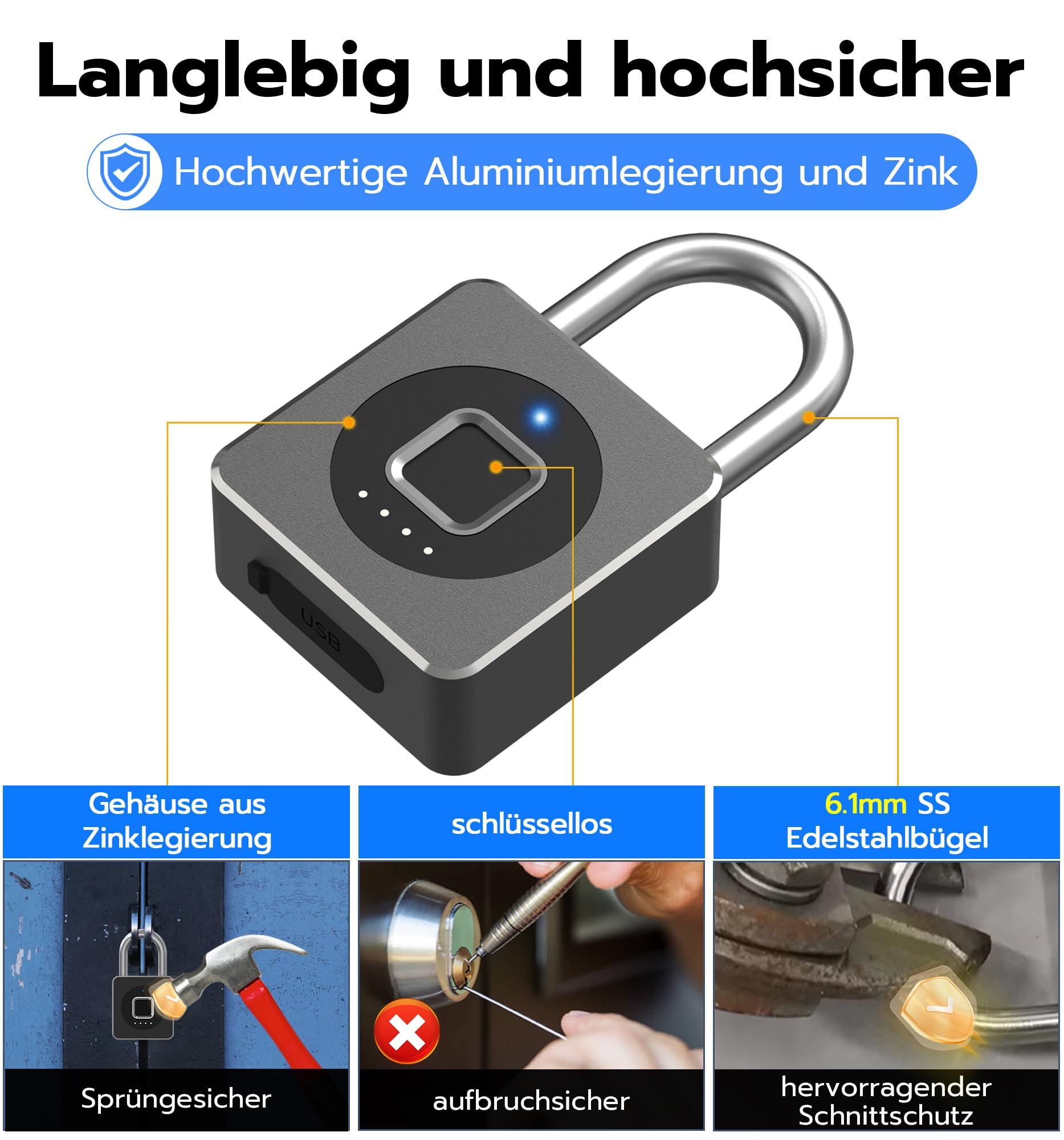 Smart Fingerabdruck Vorhängeschloss mit Bluetooth App – Elektronisches Kombischloss für Fitnessraum, Gartentor, Außenschrank und Lager – Schwarz