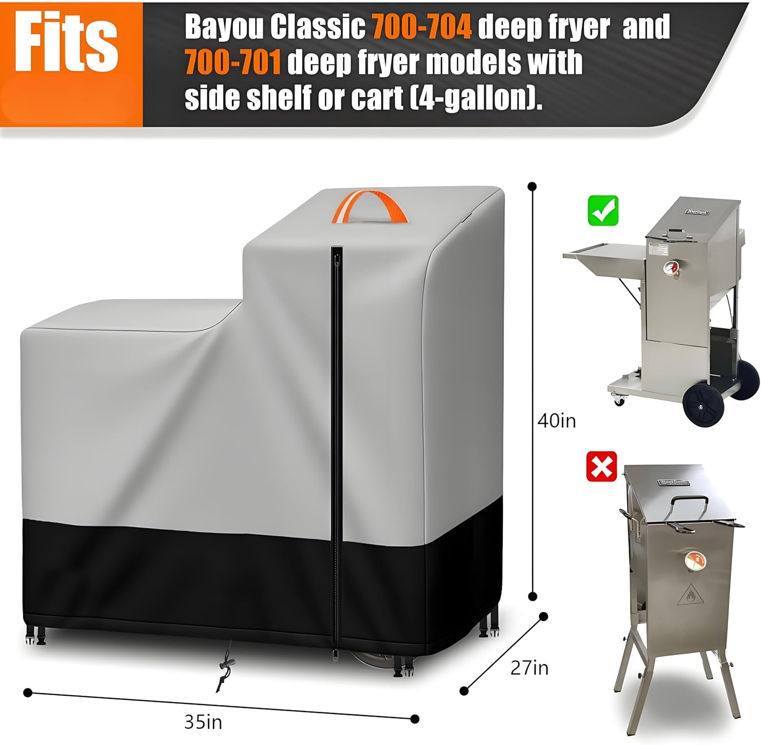 Deep Fryer Cover for Bayou Classic 700-704 and 700-701 with Cart, Cover for 4-Gal Stainless Bayou Fryer (with Side Shelf/Cart), Heavy Duty 420D Oxford with 4000mm Waterproof | Anti-UV.