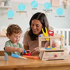 REXBETI Kids Tool Set, Wooden Toddler Tool Set with Apron, Toddler Tool Bench, Educational Montessori Toys for 3 Year Old Boys, Pretend Construction Kits, Birthday Gifts for 3 4 5 Year Old Boy Girl