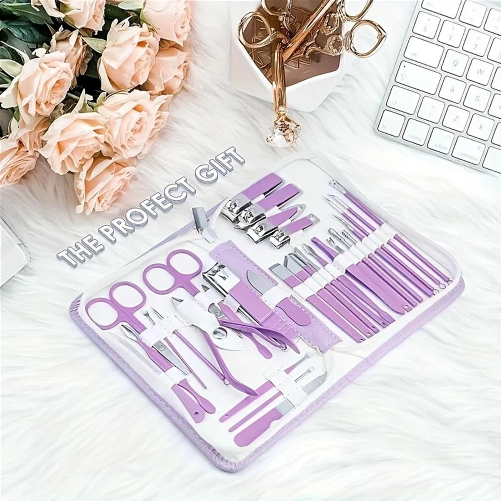Zestaw do manicure, 30 szt. Zestaw do manicure Profesjonalny zestaw do obcinania paznokci ze stali nierdzewnej Solidny zestaw do manicure Zestaw do pielęgnacji paznokci z różowym e(Różowy)
