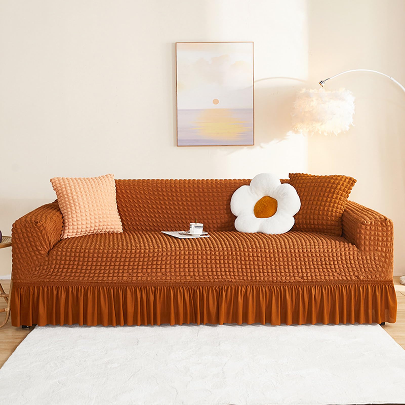 JIXINHEKEJI Stretch Seersucker Sofa Cover Instant Makeover, Non-Slip Soft Washable Couch Slipcover With Elastic Bottom And Skirt, Furniture Protector For (Size:1 seater (90-140cm),Color:Yellow)