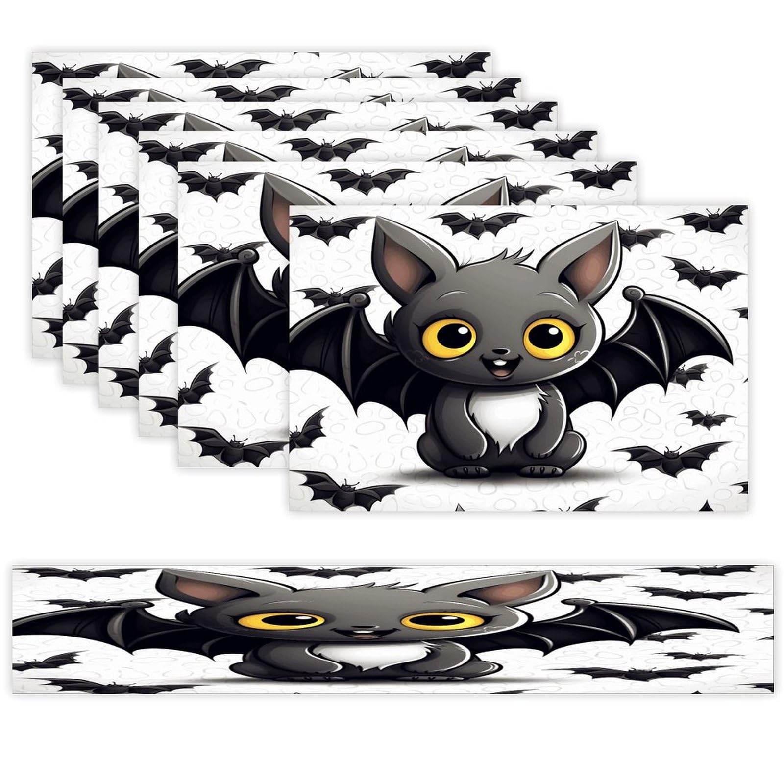 Cute Bat Table Runner and Placemats Set of 6 for Kitchen Washable Table Mats Heat Resistant Place Mats Non-Slip Place Mat Wipeable Placemat(6 Placemats+1 Table Runner)