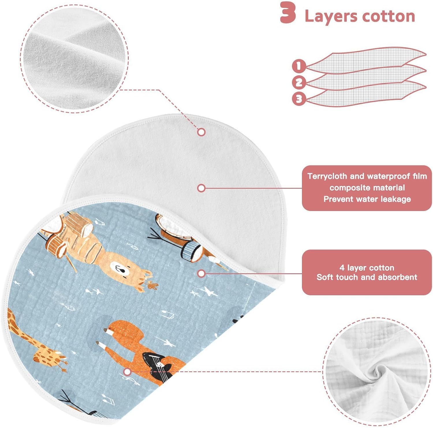 Cute Animal Musical Band Pattern Baby Burp Cloths -4Pcs Soft Absorbent Muslin Washcloths Bibs Face Towel for Newborn Boys Girls 22 x 11 Inch