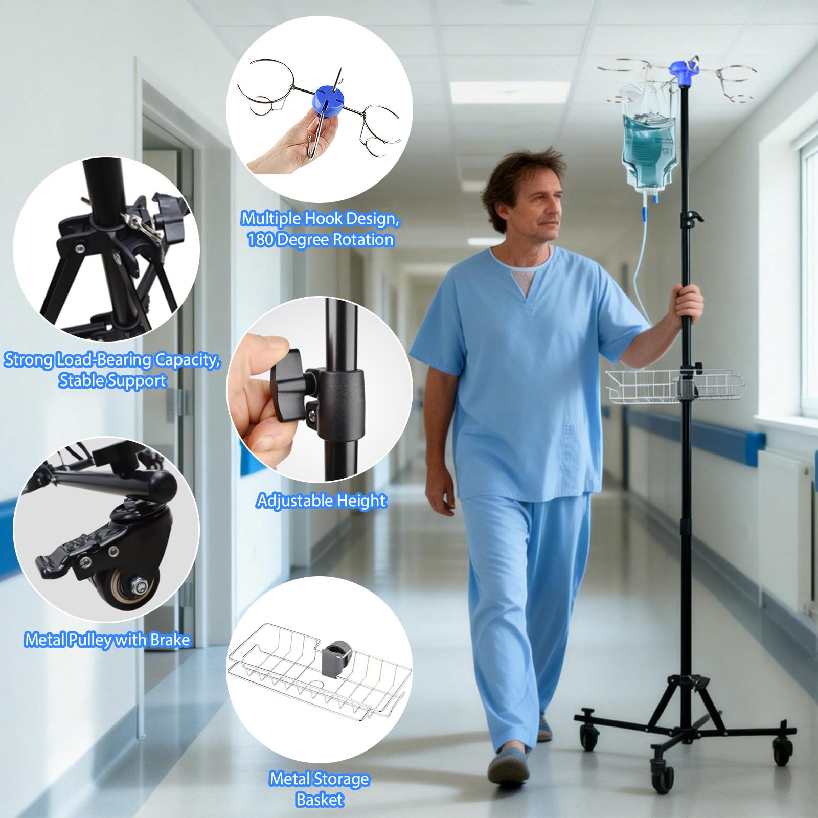 Support à perfusion réglable avec roulettes, support portable pour perfusion, petit support pliable avec 4 crochets, 3 poches en filet, panier de rangement