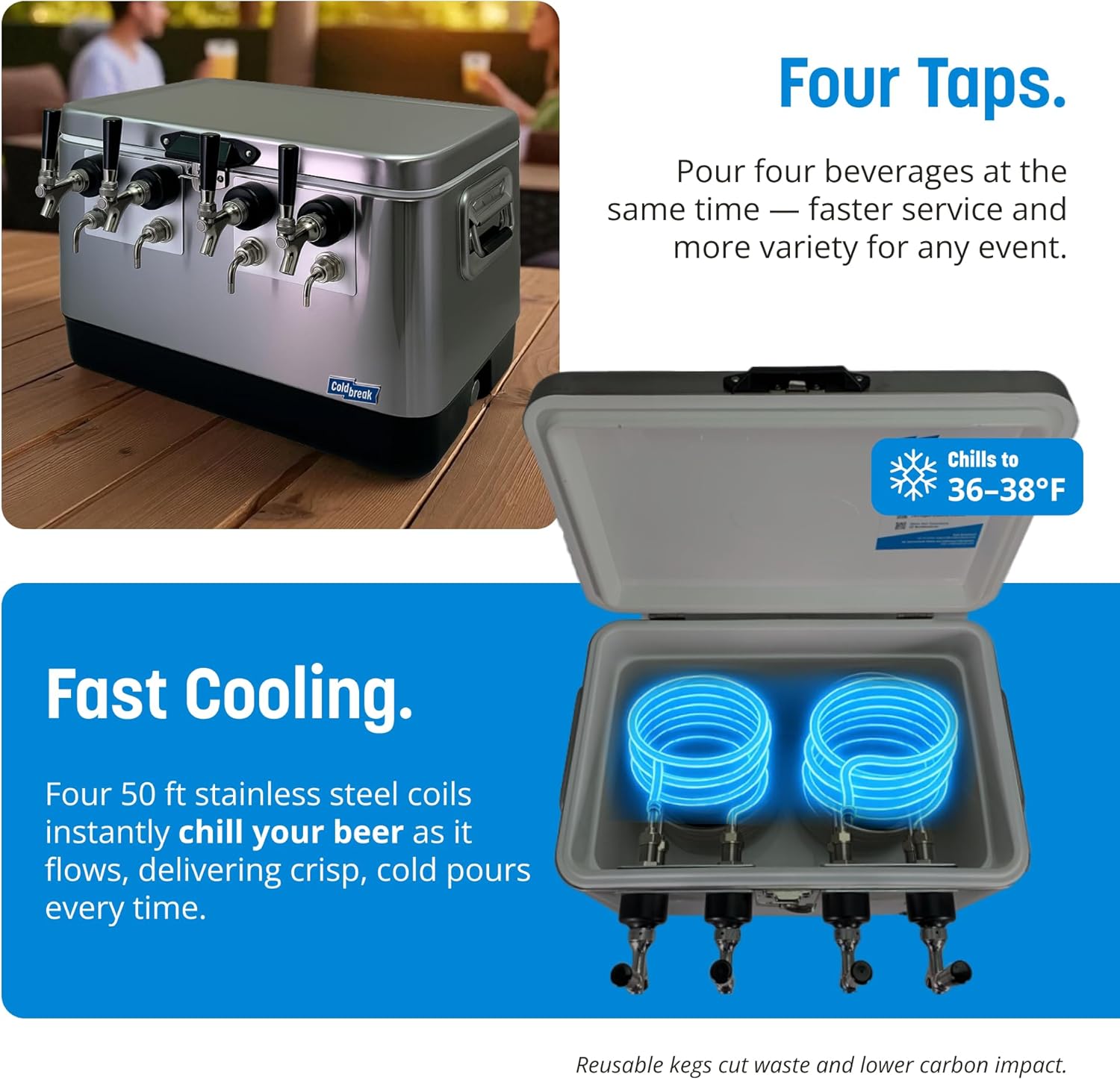 Coldbreak 4-Tap Jockey Box, 54 Quart Cooler with 50' Stainless Steel Coils, Front Input for Clean Setup, Heavy Duty Beverage-Grade Construction, Ideal for Keg Service, Made in USA (Silver)