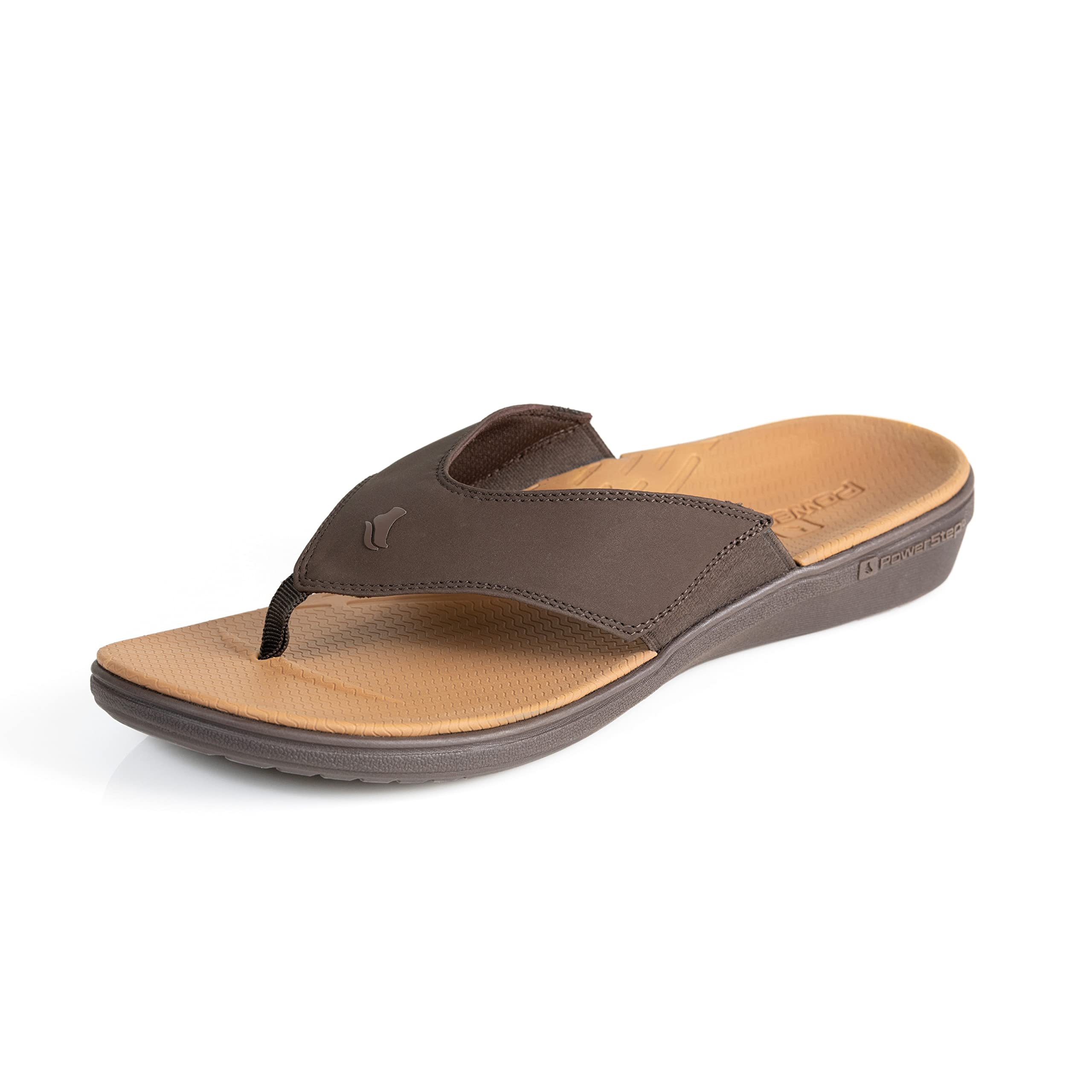 PowerStep Men's Arch Support Orthotic Flip Flop Sandals with Shock Absorbing Sole, Lightweight Non-Slip Tread, Brown, 10