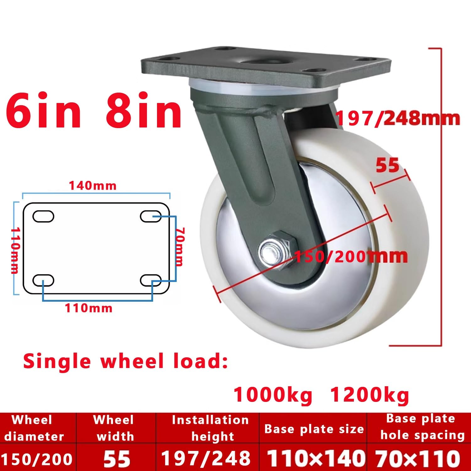 roulettes Industrielle 150/200mm, Lot de 4 roulettes Charge Jusqu'à 3600kg, roulettes Pivotantes avec Frein, pour Workbench/Chariot(2*Swivel+2*Brake,8in(200mm))