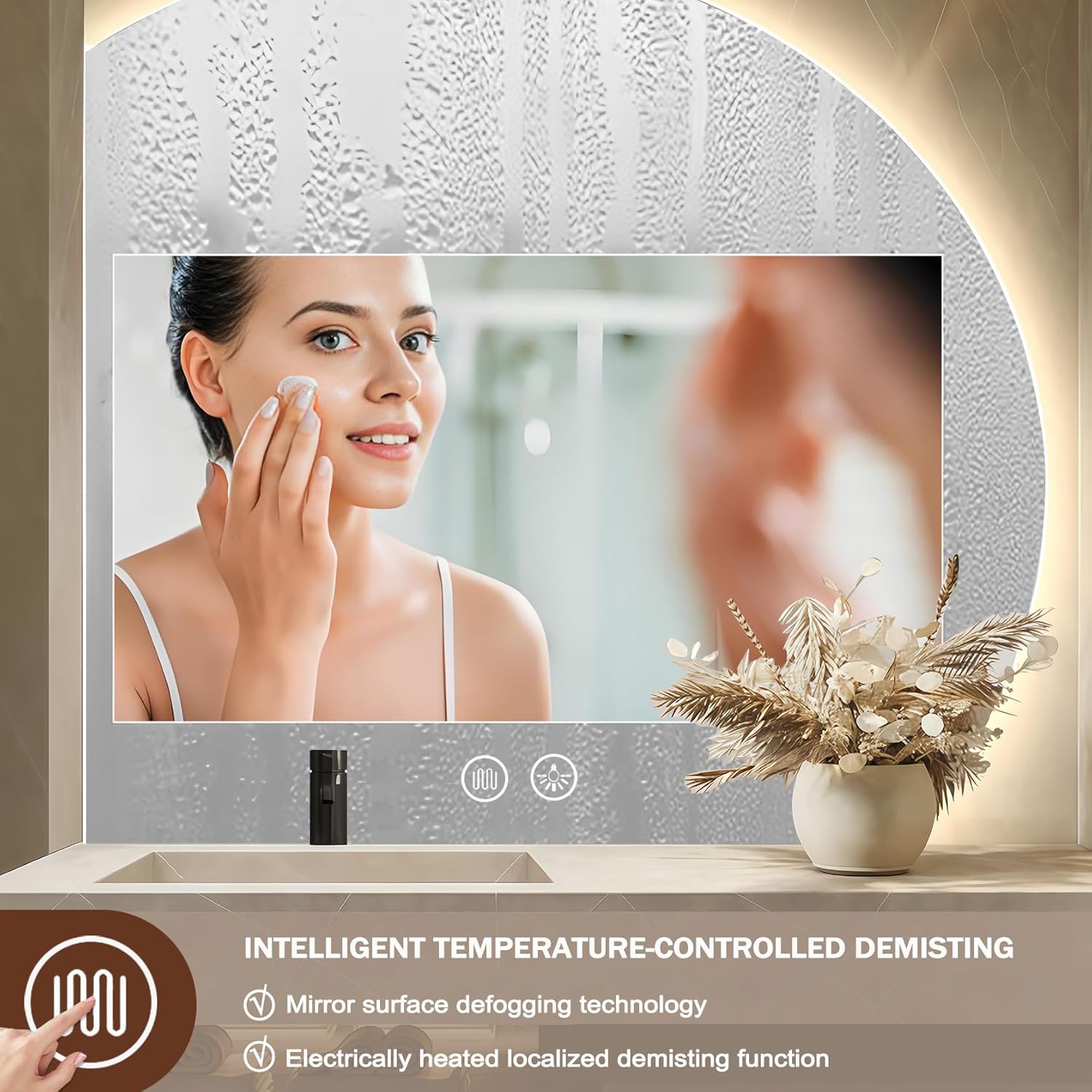 YUDACHU 32"x32"Bathroom Led Mirror, Rounded Anti-Fog Smart Mirror Bathroom, Shatter-Proof, Memory Function, 3 Colors Dimmable Vanity Mirrors for Wall Modern Decorative