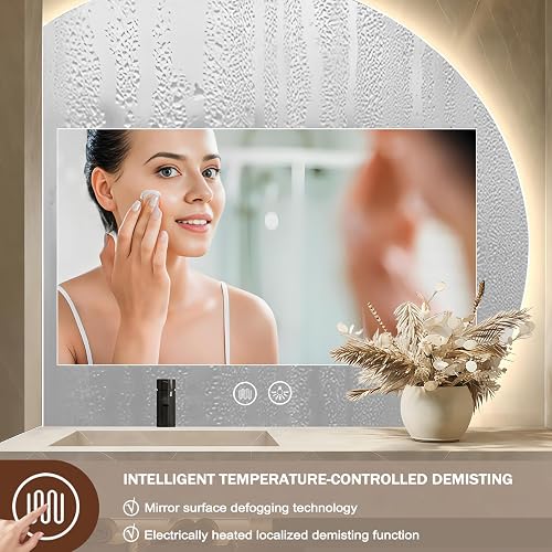 GXSDYYDS Specchio da bagno con illuminazione, 100 cm, LED da bagno con illuminazione, specchio rotondo con luce, con interruttore touch, dimmerabile, 3 colori di luce regolabili, senza appannamento (A - 4