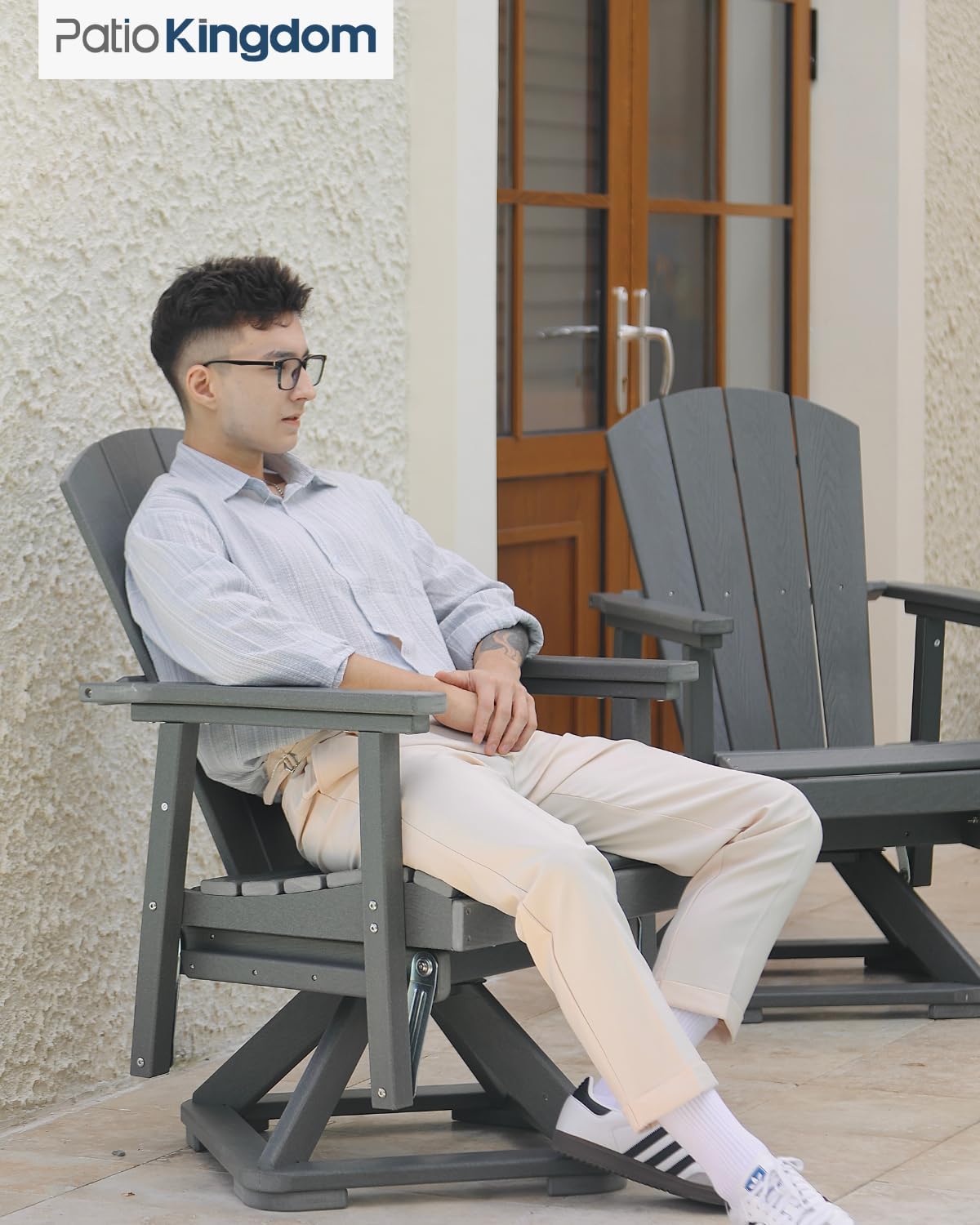 HDPE Swivel Glider Chair Outdoor, Weather Resistant Adirondack Outside Rocking Chair, Wooden Textured Outdoor Swivel Chair Set of 2 for Porch, Balcony, Poolside, Backyard (Grey)