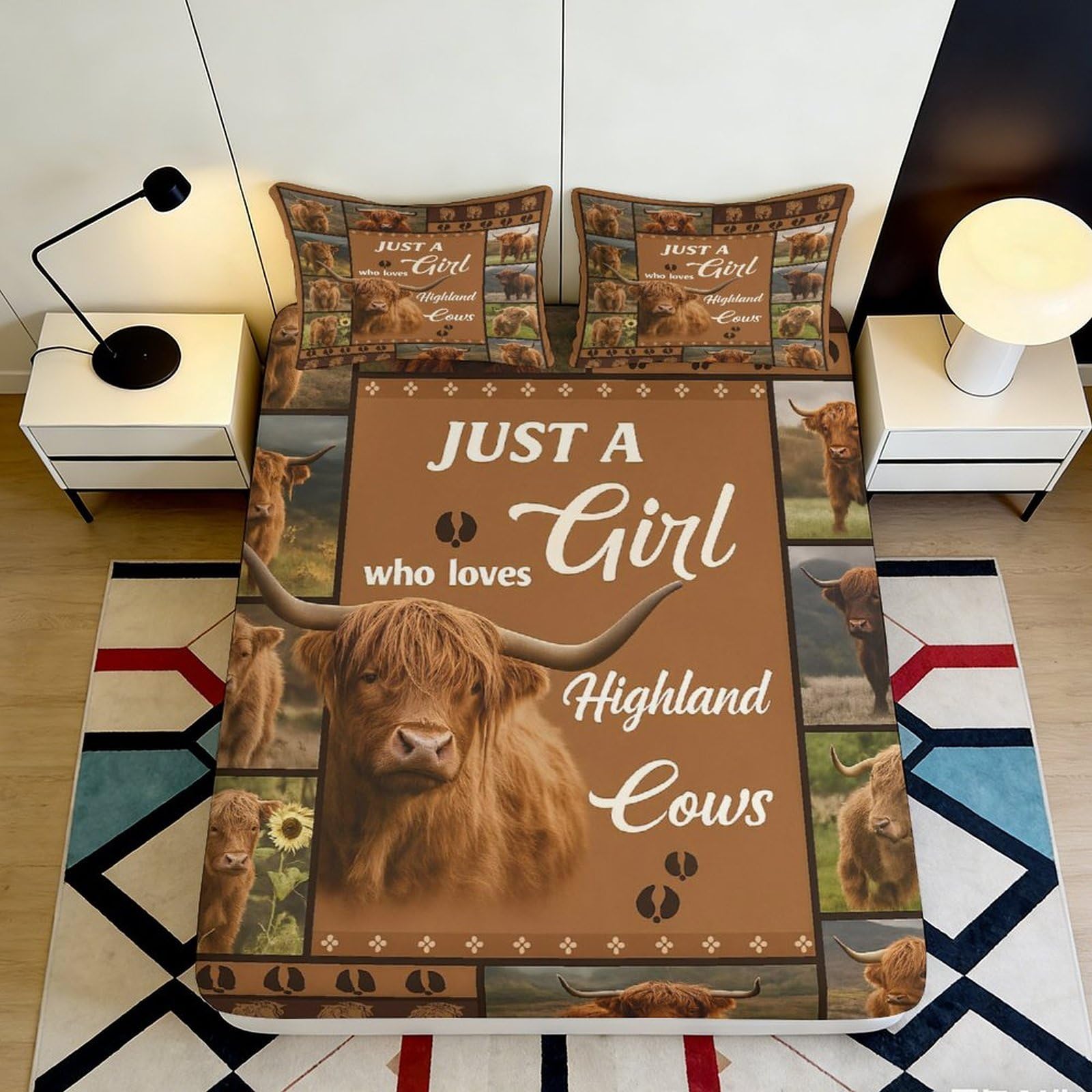 3D Printed Highland Cow Fitted Sheet Microfiber Elastic Hem Bedroom Bedding Highland Cow Mattress Fitted Cover Non-Slip Deep Pocket Washable 180x200x25cm