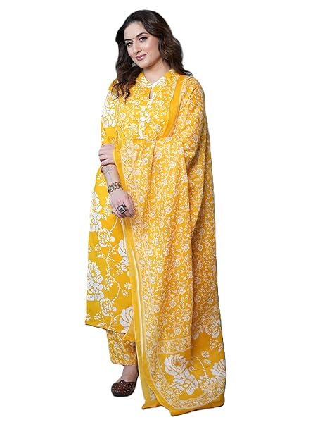 Arayna Women’s Cotton Kurta Set with Palazzo & Dupatta | Ethnic Floral Print