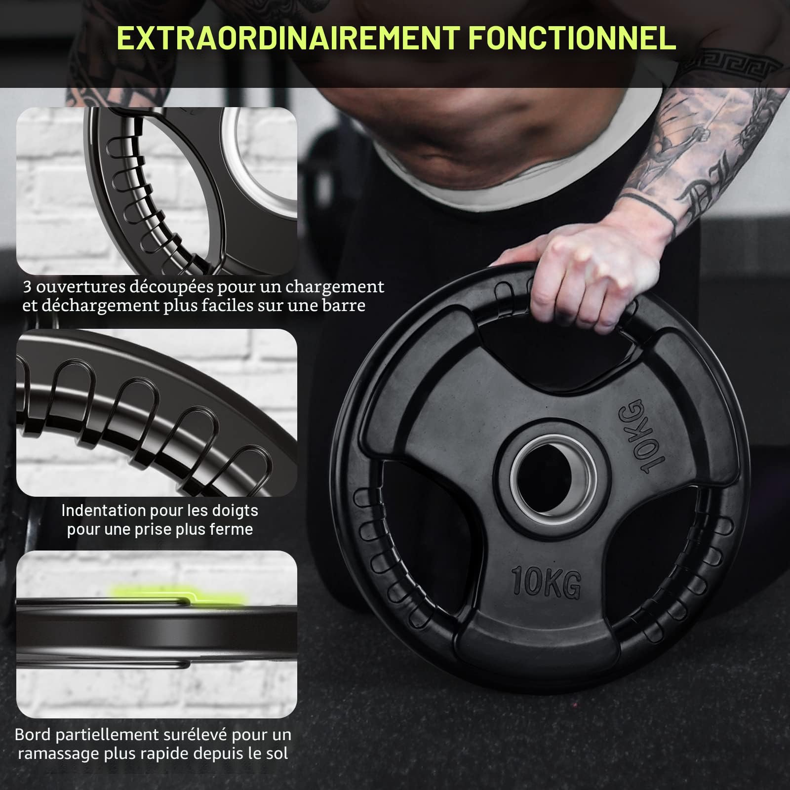 PhysKcal disques de Poids Olympiques 1,25kg - 25kg, Finition Caoutchouc, plaques de Poids Noires en Paires ou Simples pour Le Levage et l'entraînement aux Poids, Barbell Weight Plates
