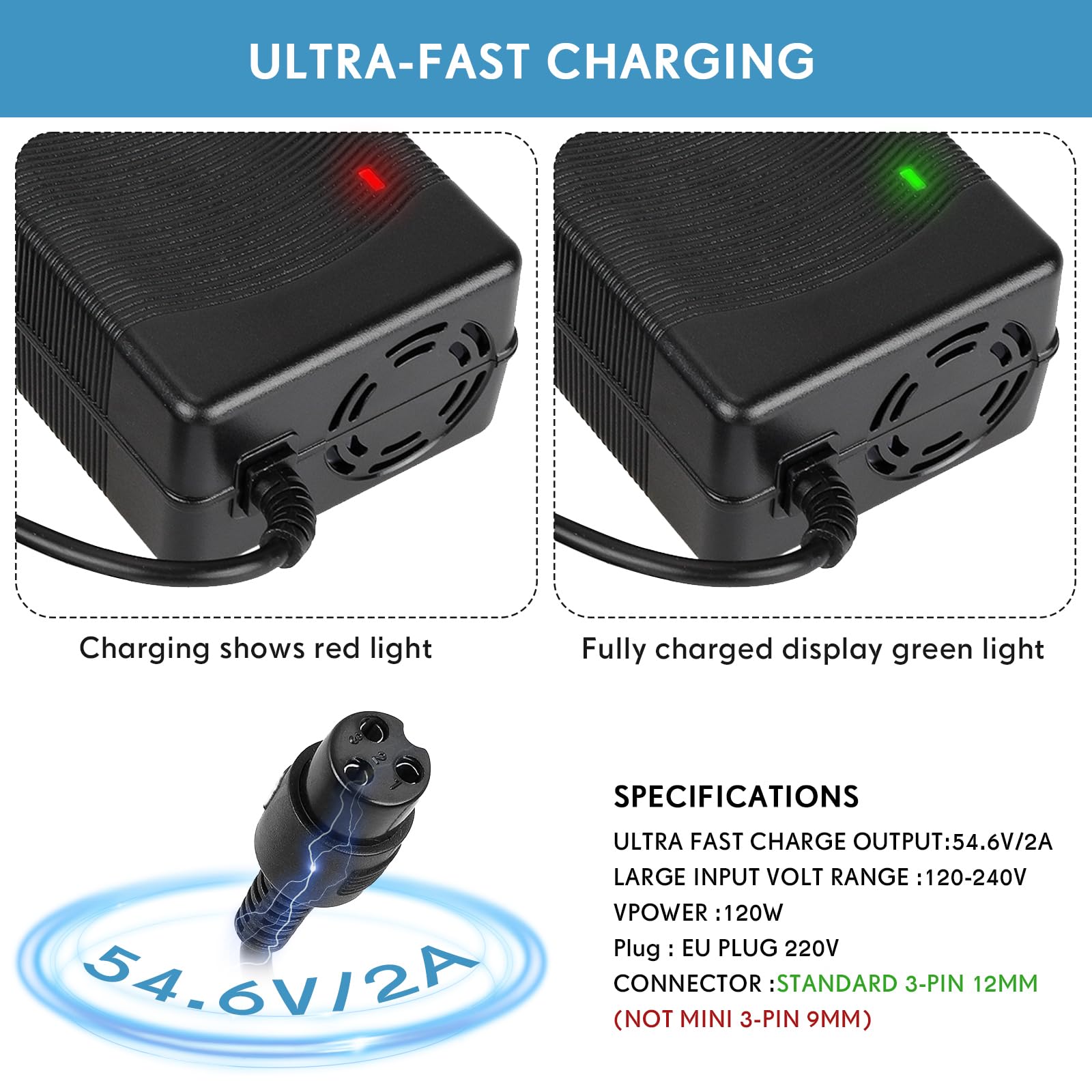 Cargador Patinete Electrico Kugoo M4 M4Pro UrbanGlide E-Cross Pro Hitway H5 H5Pro Smartgyro Speedway 54,6V 2A 48V 12mm-3pin