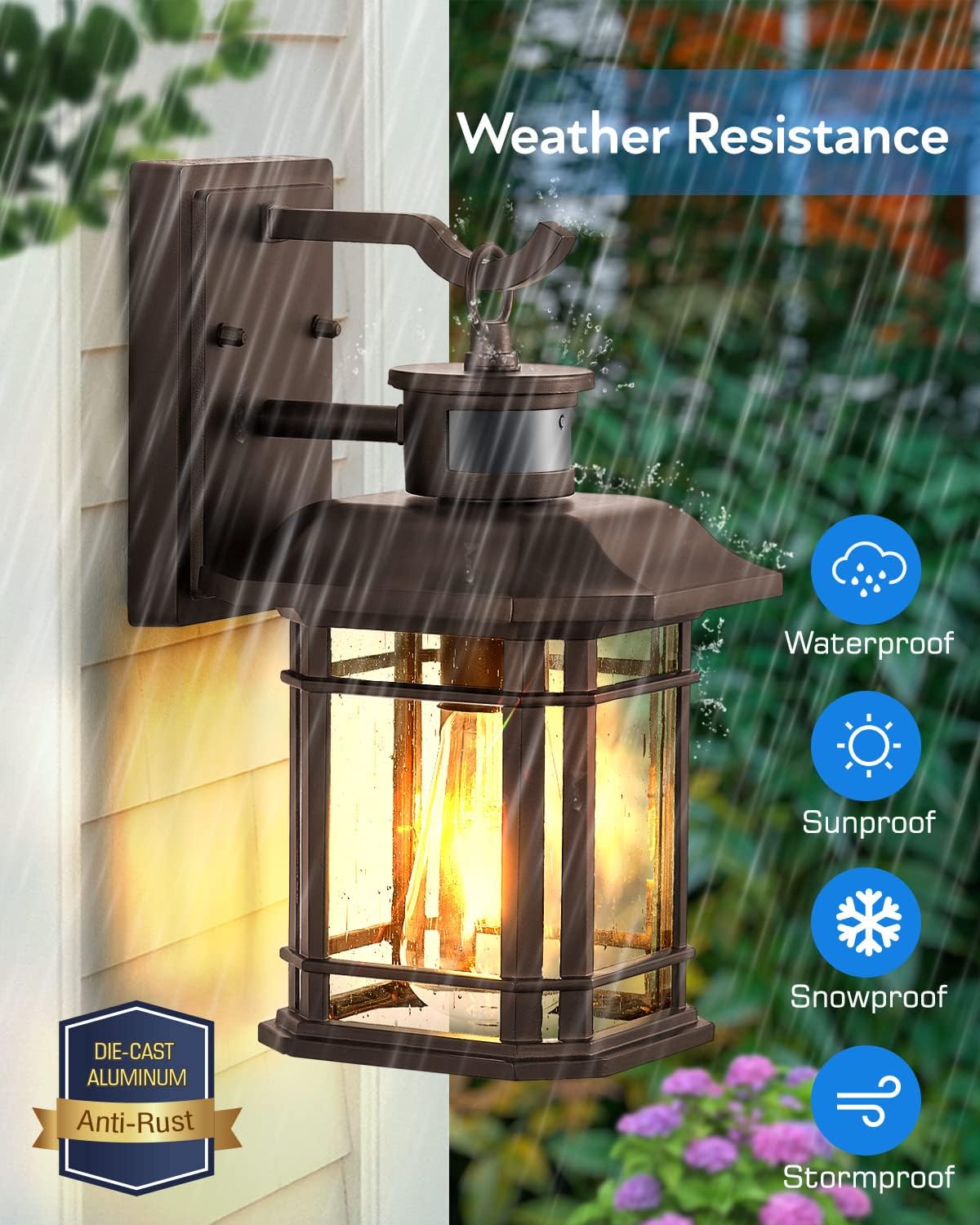Image of the VIANIS outdoor light fixture being rained on, with icons indicating its weather resistance: Waterproof, Sunproof, Snowproof, and Stormproof.