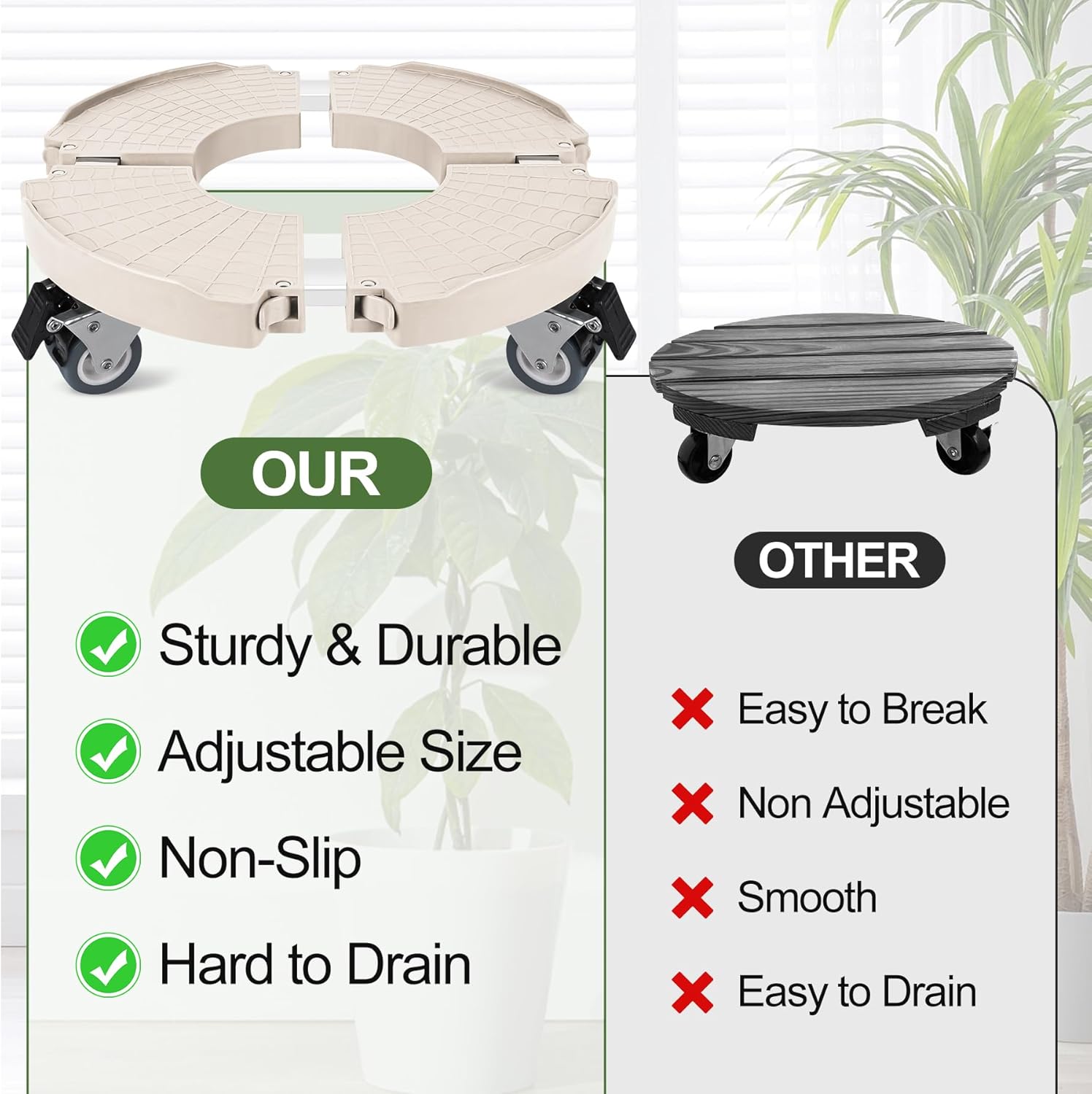 ToLanbbt 2 Pack Plant Caddy Stands with 360° Wheels Adjustable 15-22 IN Rolling Stands Heavy Duty Large Plant Carts Dolly with Casters 440lbs Capacity for Large Planter, Garden Pot, Flower Pot, Beige