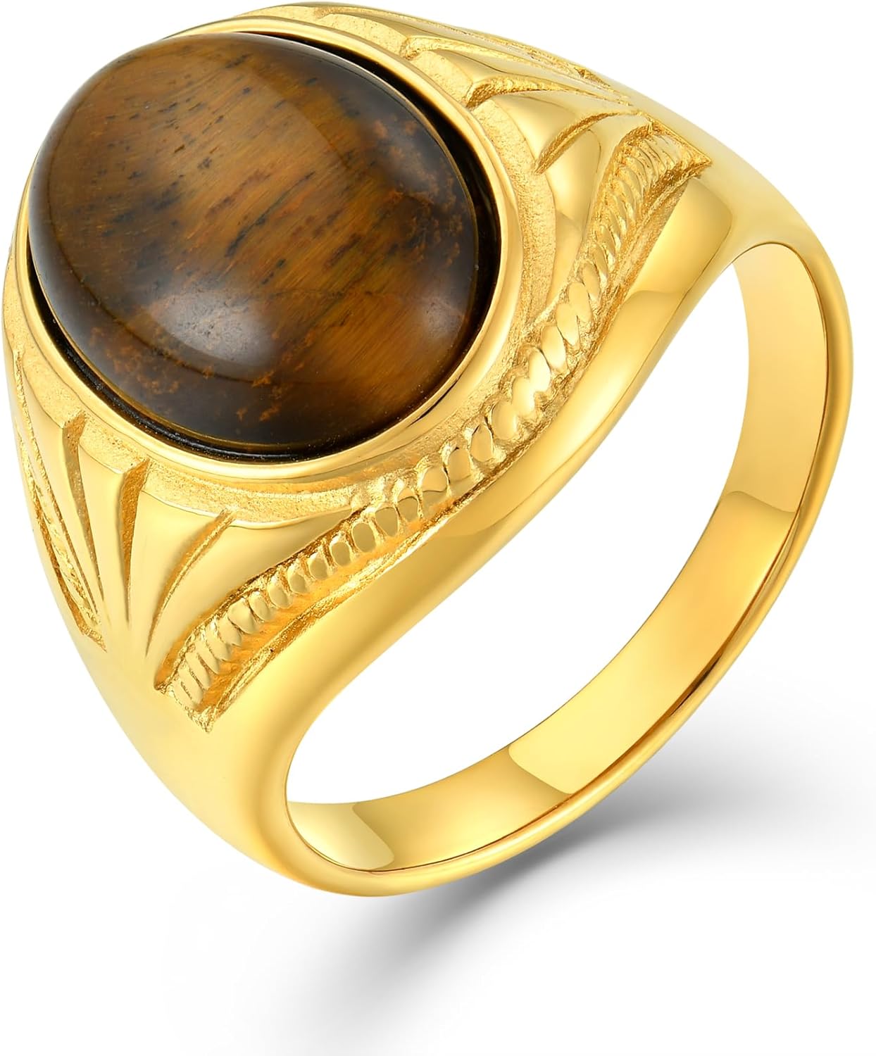 Men's Tiger Eye Oval Signet Ring, Nature Stone Stainless Steel Thumb Rings for Men Jewelry Gift for Him, Size 7-13