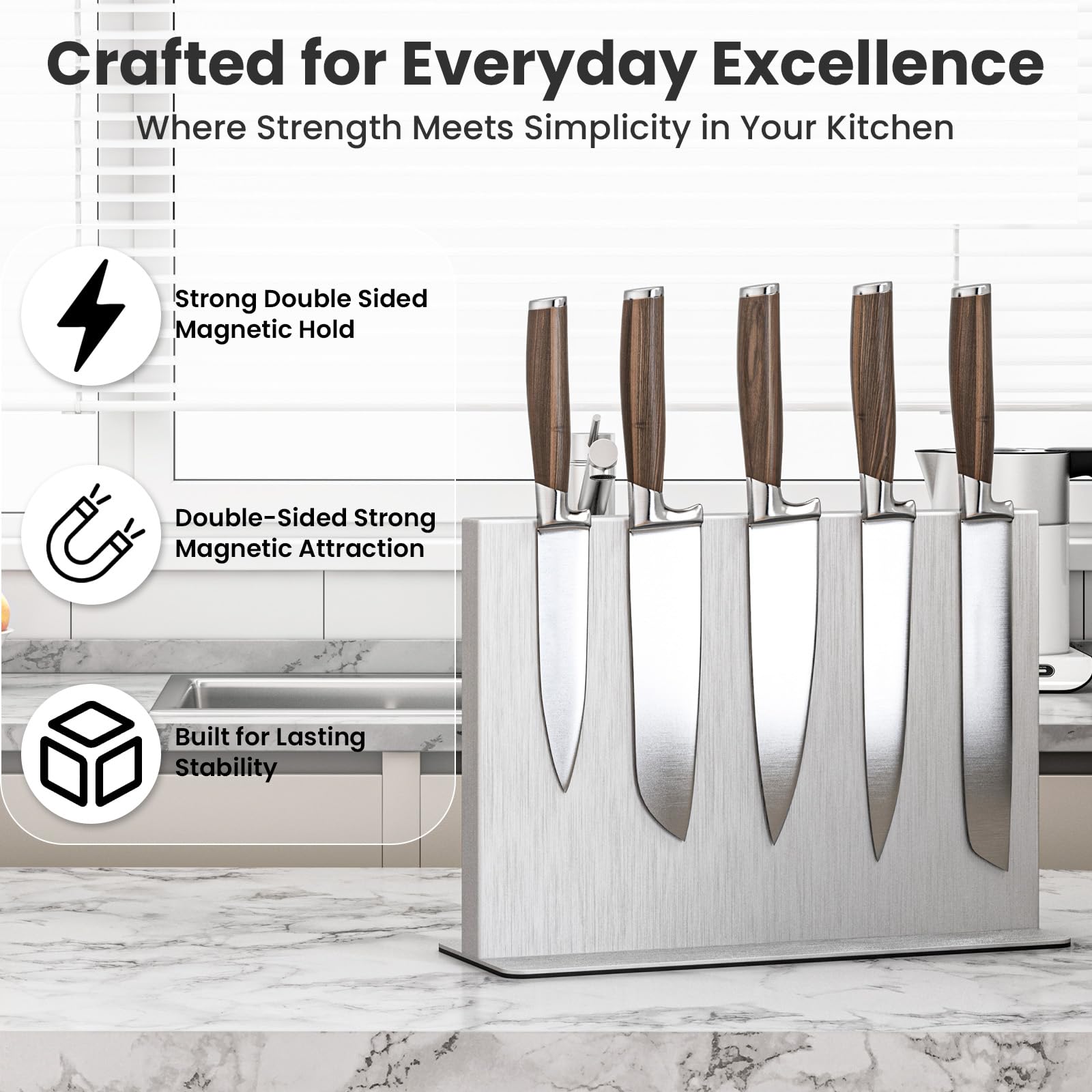 THMINS Bloc magnétique à couteaux en acier inoxydable, support magnétique double face, présentoir multifonctionnel universel pour plan de travail de cuisine