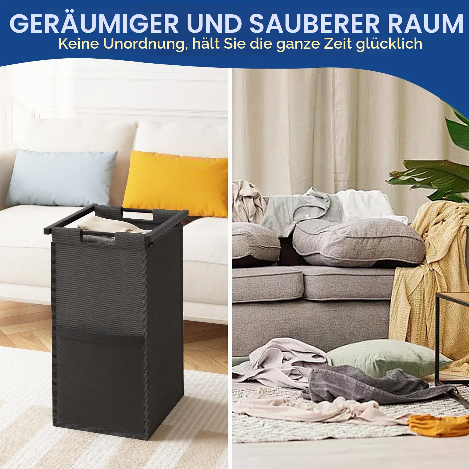 Wäschekorb Schwarz mit ablage 2 Fächer, Wäschesammler mit Ablage, wäschesammler Wäschesack Waschesammelbox aus Oxford-Laundry Baskets,Metallrahmen, 2 x 46 L, 73 x 33 x 72 cm