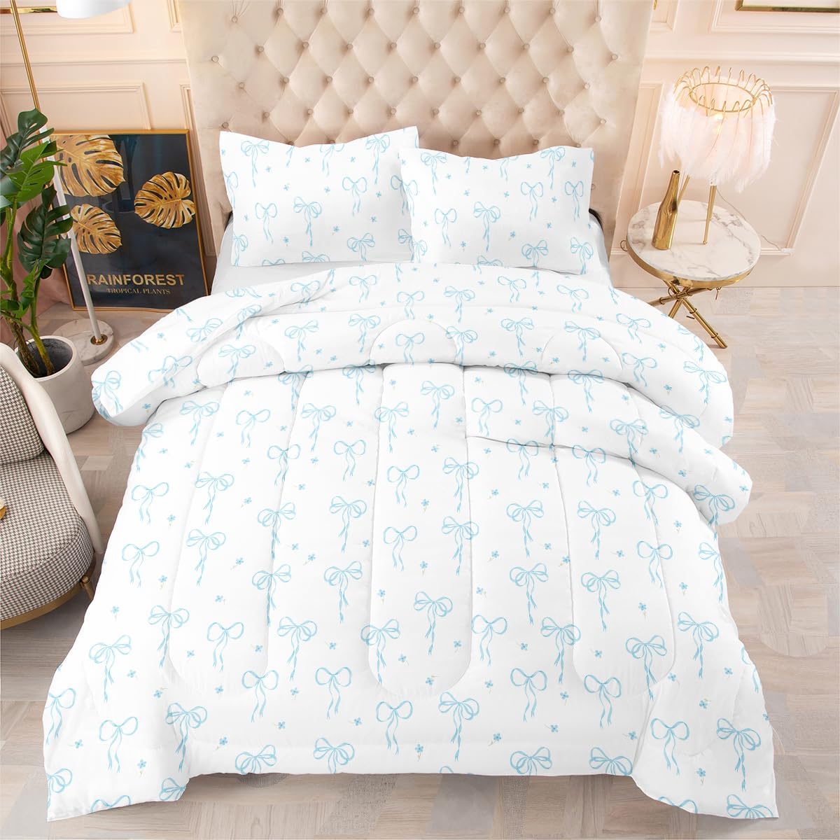 Twin Comforter Set Bow - Light Blue Bow Quilt Bedding Set 2 Pieces, Comforter Set Twin Size, Soft Lightweight Comforter(68‘’ x 90‘’) for Girl All Season & 1 Pillowcase(30‘’x20‘’)