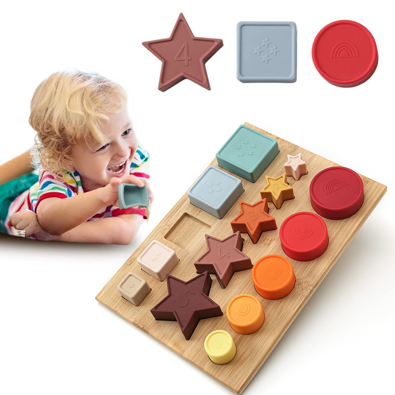 let's make 2 in 1 Wooden board Silicone Shape Sorter Puzzle,Nesting Stacking Cups and Sorting,Three-Dimensional Early Learning Wooden Jigsaw Puzzle Educational Montessori Toys for Baby 6-12 Months