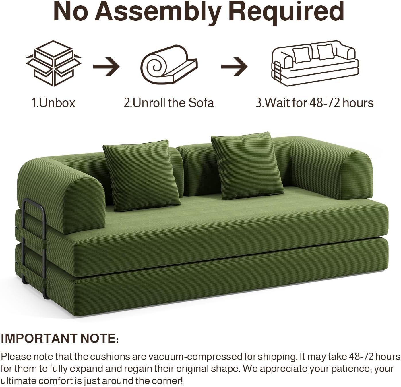 Ahomly 78.8'' Convertible Sofa Bed,5-in-1 Boneless Couch with Removable Armrests,Folding Futon Sofa Bed Includes 2 Pillows,Comfy Pull Out Couch for Living Room,No Assembly Required,Green