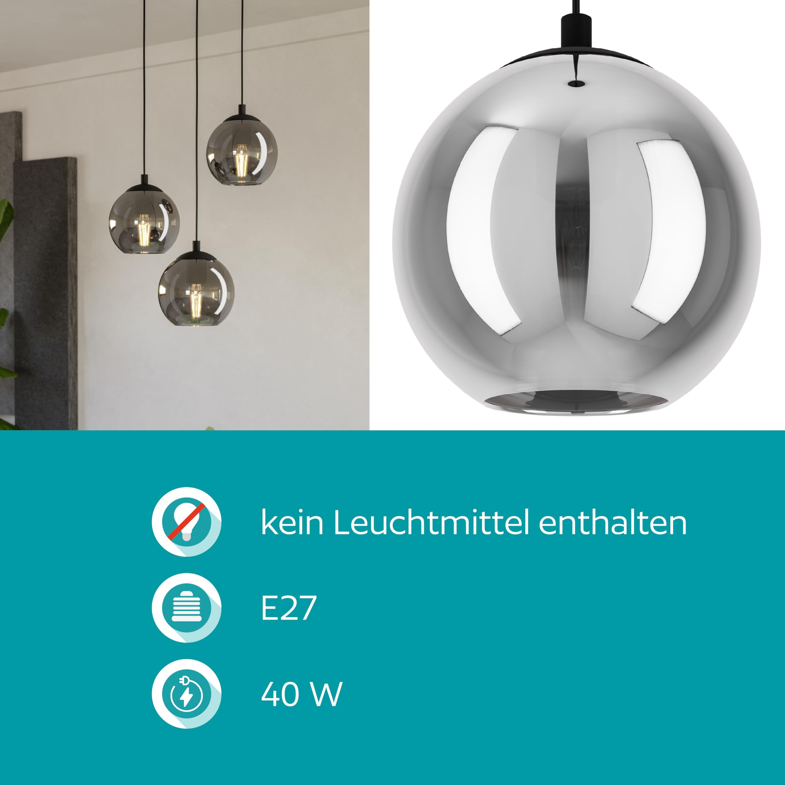 EGLO Hängelampe Ariscani, 3-flammige Cluster Pendelleuchte Esstisch, Hängeleuchte aus Metall in schwarz und Rauchglas, Esszimmerlampe hängend, E27 Fassung, Ø 42,5 cm