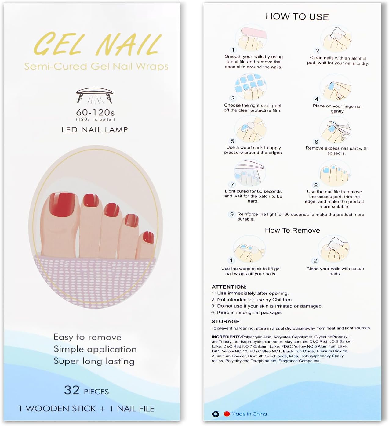 JMEOWIO Semi Cured Gel Toenail Strips Red Gel Toenail Stickers Wraps UV/LED Nails Art Design Decoration Accessories