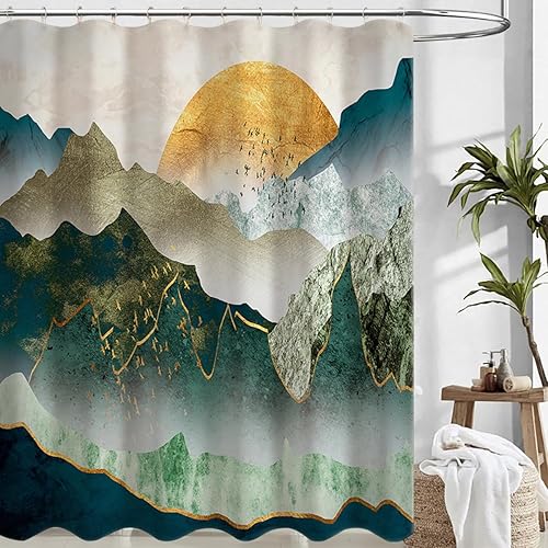 Cortina de ducha japonesa de montaña, juego de cortinas de ducha de anime asiático, verde azulado y dorado, cortina de ducha de sol amarillo,