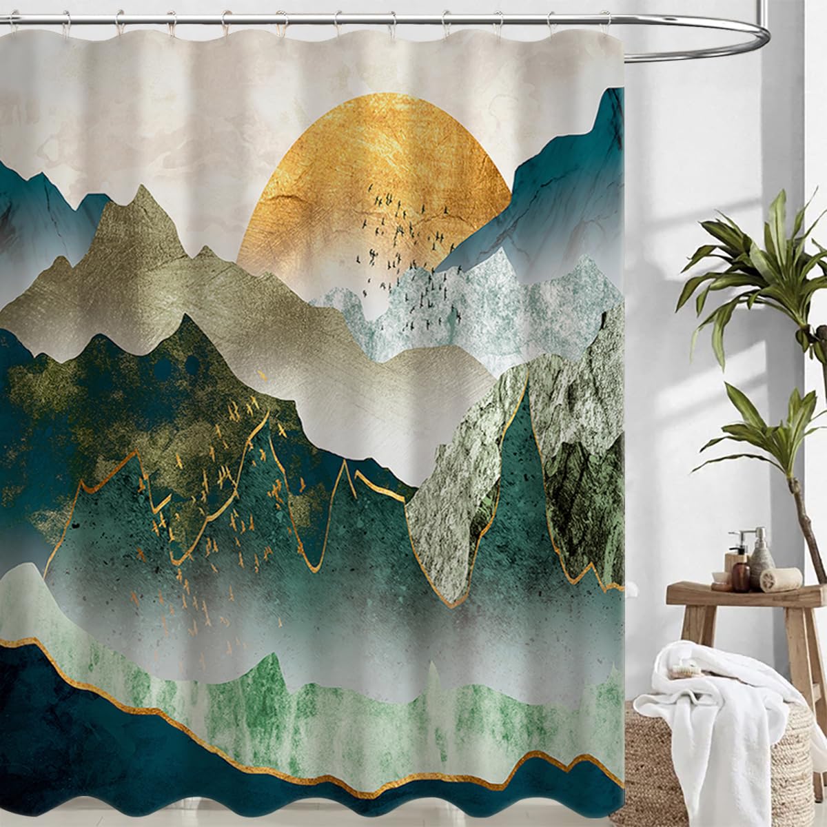 De-Mediocre Mountain Japanese Shower Curtain Asian Anime Teal and Golden Zen Shower Curtain Sets, Yellow Sun Sunset Landscape Curtain for Bathroom