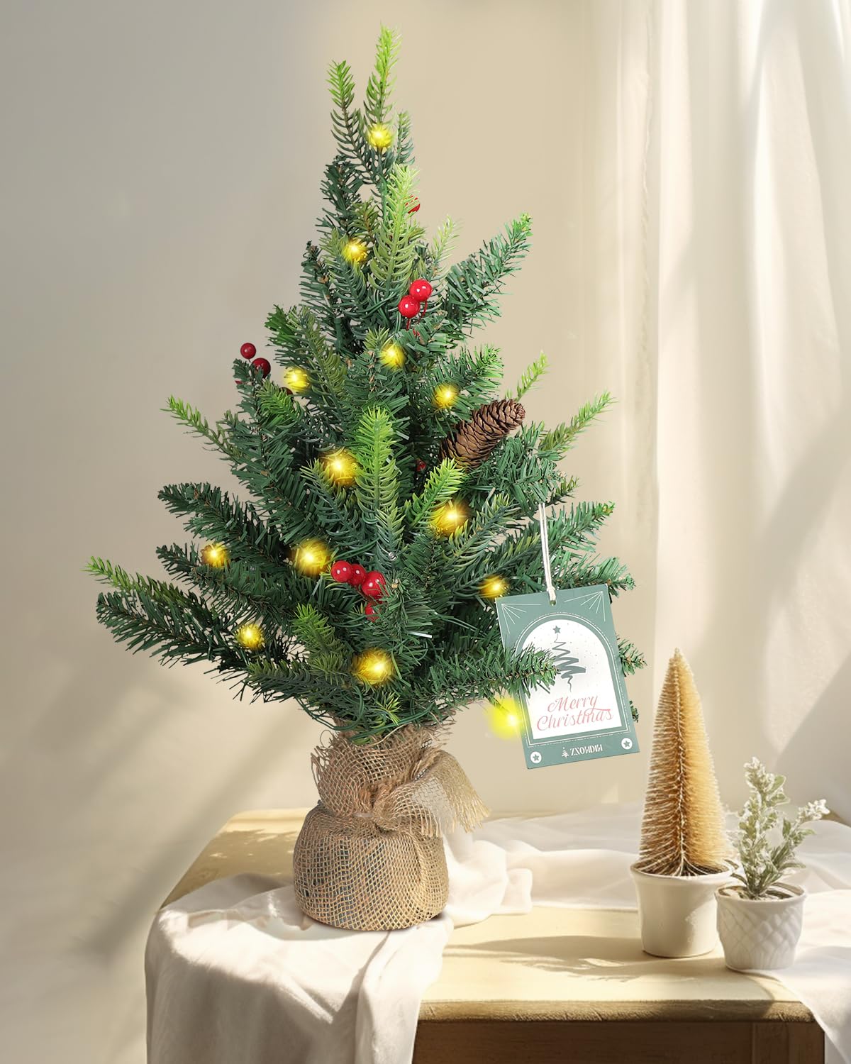 Mini Christmas Tree 2FT - Battery Operated Green Table Tree w/Red Berries Pine Cones, 24.5in Pre-Lit Holiday Décor for Indoor Table Rooms Decoration