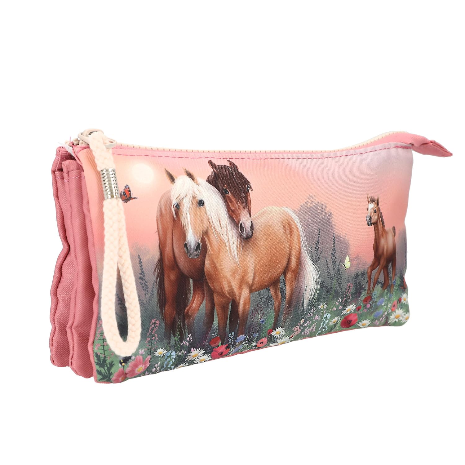 Depesche Miss Melody Flowers 12870 Fan Pencil Case with 3 Zip Compartments with Horse Motif and Dog Pendant - Image 4