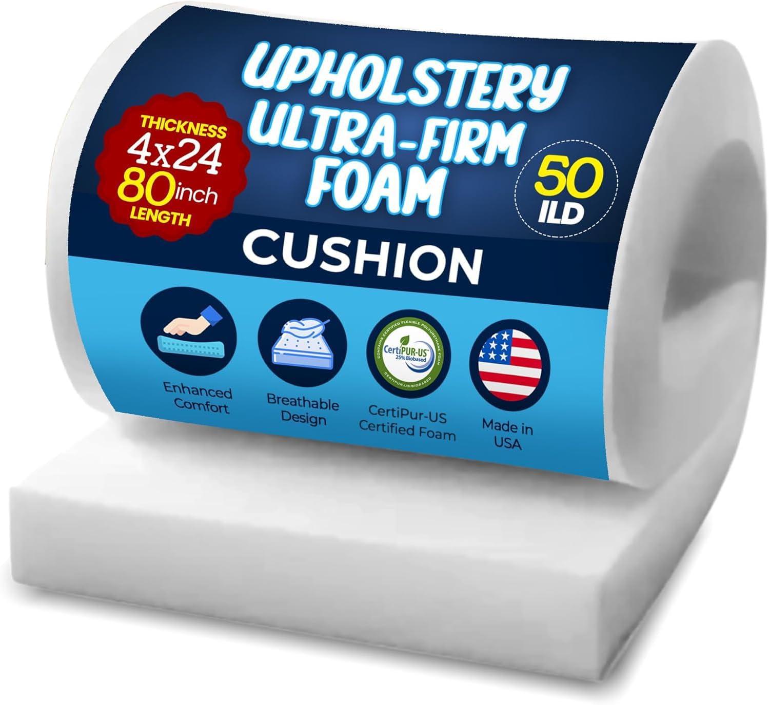 RaceCityFoam High Density Upholstery Foam Cushion 4" H x 24" W x 80" L (Ultra Firm) 50ILD - CertiPUR-US Certified Foam Cushion - Upholstery Foams for Reupholstering, Seat Cushions - Made in USA