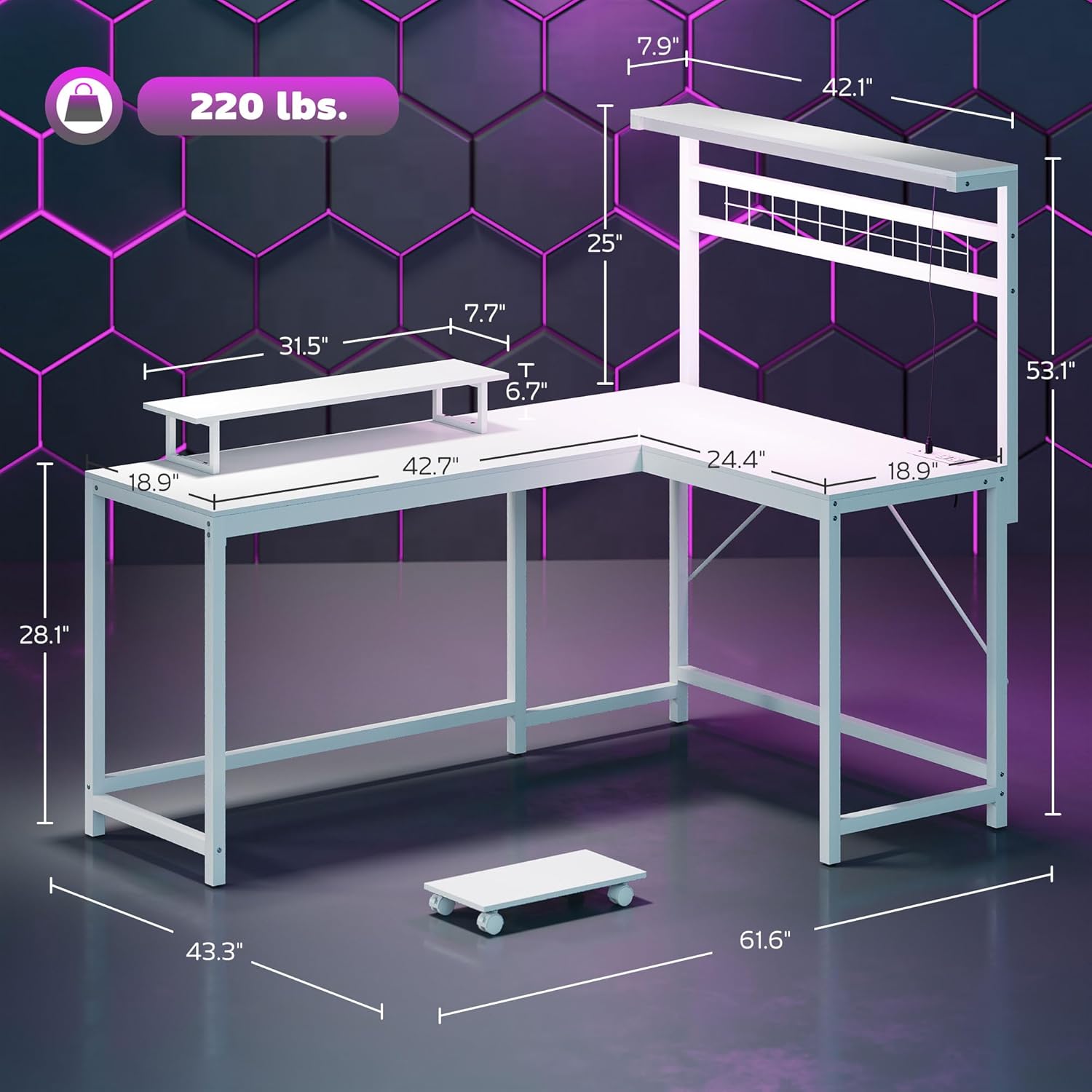 HOMCOM Gaming Desk, 62" L Shaped Desk with Power Outlets & LED Lights, 86" 2 Person Computer Table with Shelf & Rolling CPU Stand, Reversible Corner Office Table with Hutch, White