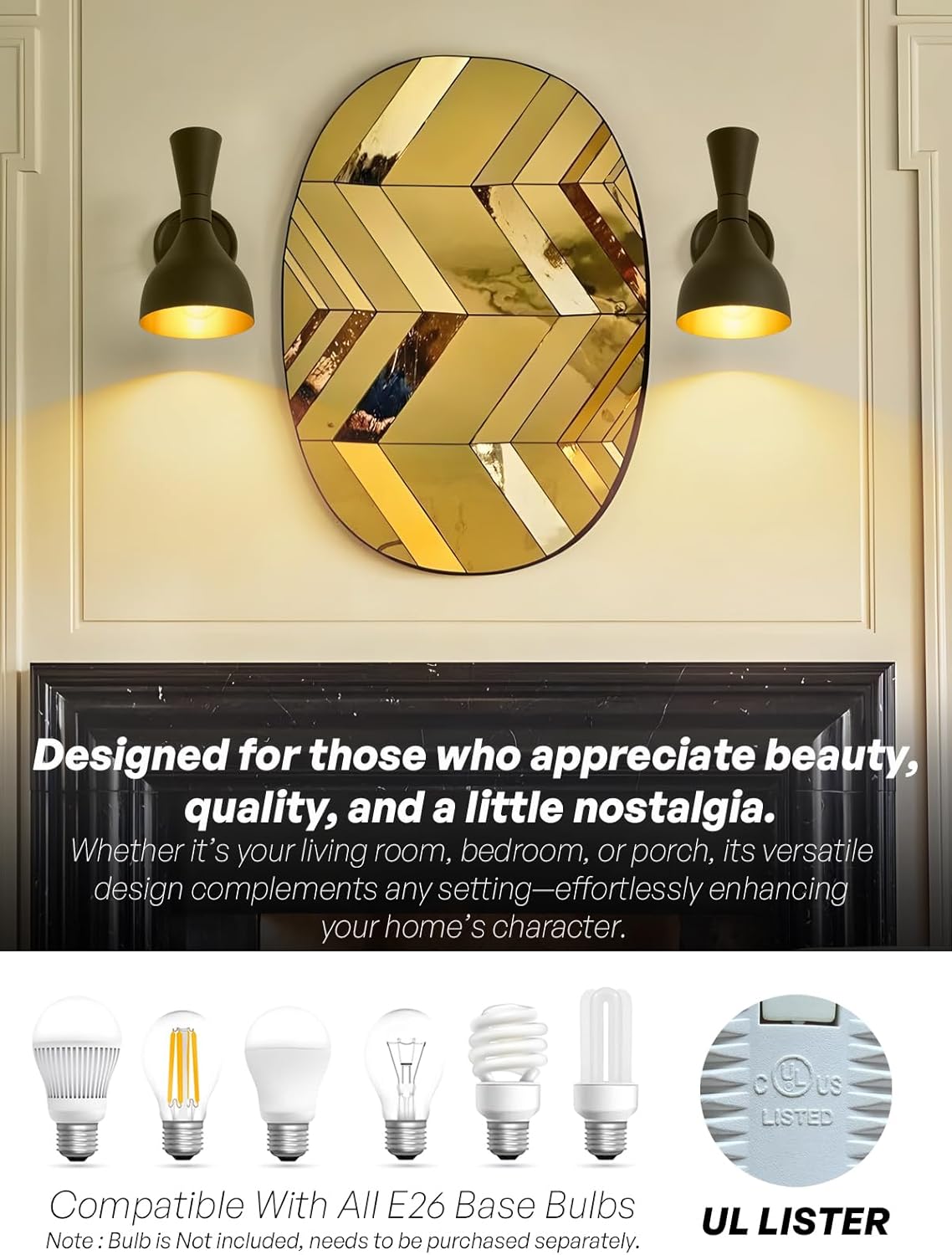 Modern Black and Gold Wall Sconce, Farmhouse Industrial Lighting Fixture for Bathroom Vanity, Kitchen, Living Room & Home Theater, Hardwired, E26 Base