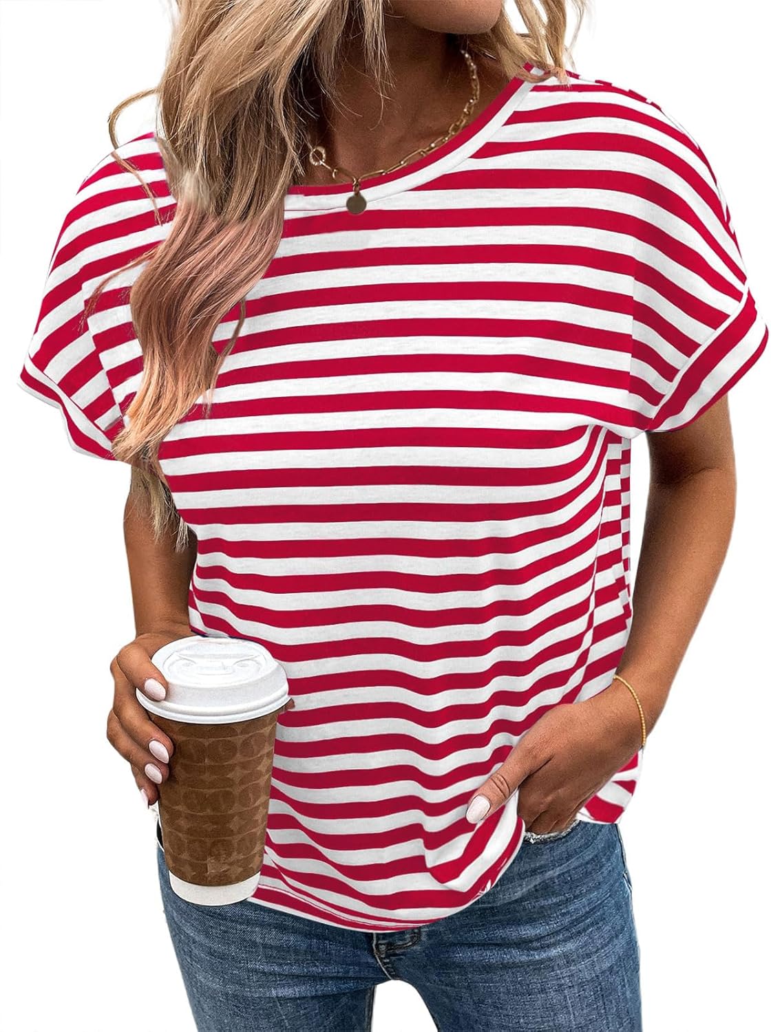 LilyCoco Womens Striped Open Back Tops Criss Cross Back Batwing Sleeve T Shirt - Image 4