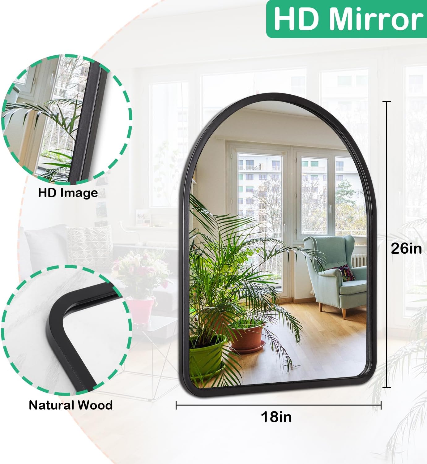 Black Large Mirrors for Wall Arched Vintage Wood Framed Wall Hanging Mirror Decorative Farmhouse Bedroom Living Room Bathroom Entryway Dressing Room 26" x 18"