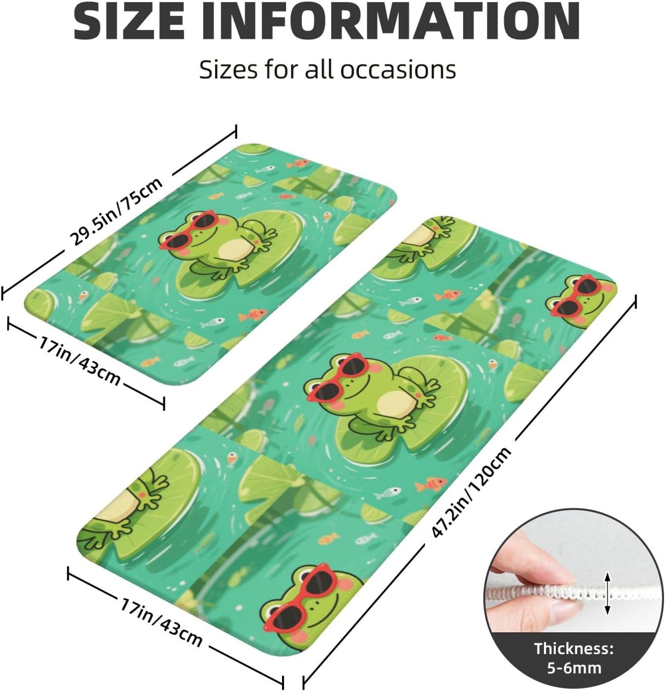 Green Frog with Sunglasses Kitchen Rugs Set of 2, Cushioned Anti-Fatigue Kitchen Mats for Floor, Waterproof Comfort Standing Mat Absorbent Velvet Kitchen Runner Rugs 17"x30"+17"x47"