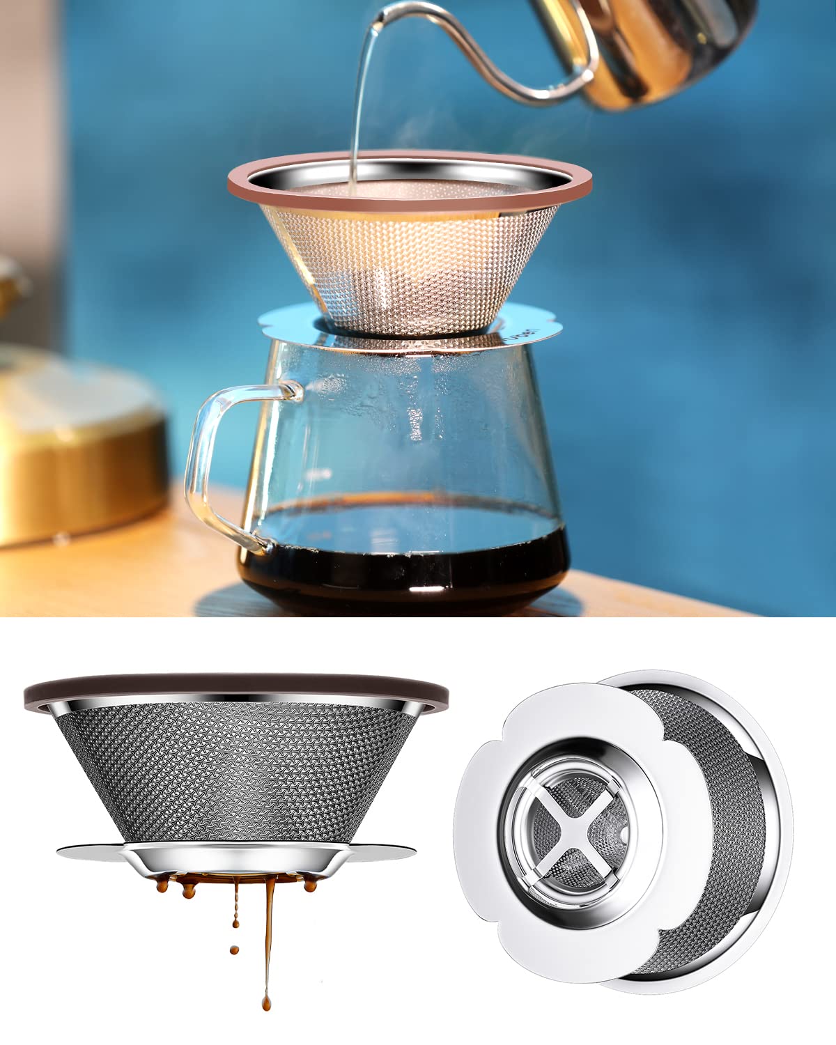 Pour Over Coffee Gotero de acero inoxidable con cono de metal filtro de café sin papel reutilizable de una sola taza cafetera de 13 tazas con soporte de taza desmontable antideslizante y