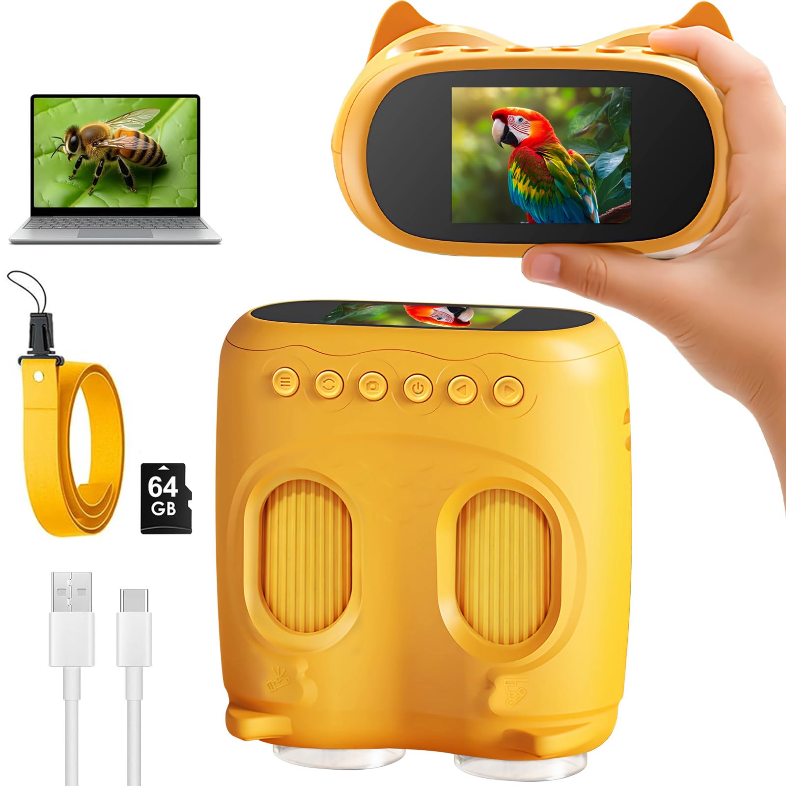 2 IN 1 Mikroskop und Taschenmikroskop für Kinder, 1000X Tragbares Digitales Mikroskop mit 2″ IPS Display & 8 LED, USB Taschenmikroskop mit 64G SD Karte, Geschenk für 3–12 Jährige