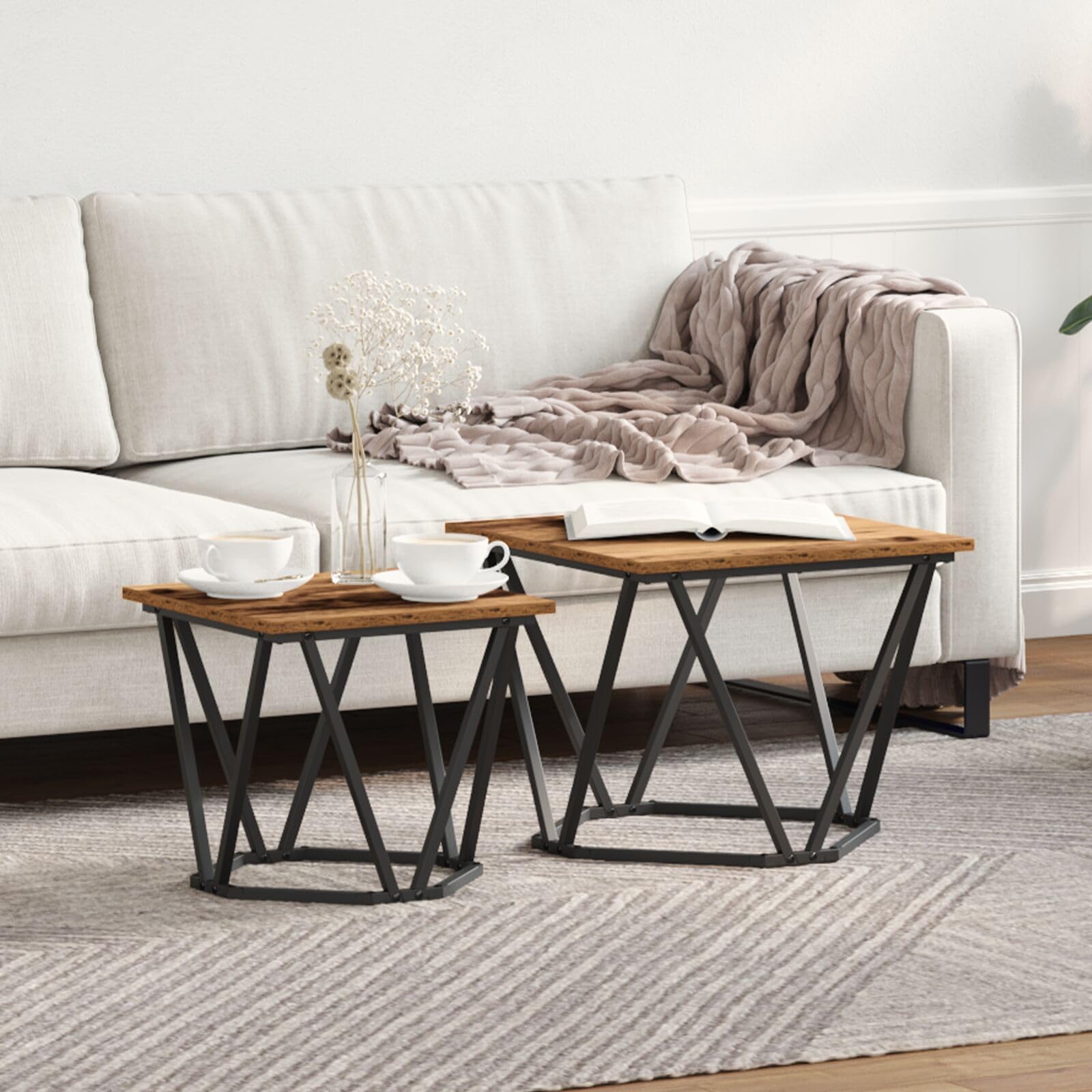 SXZenSpace 868271 Side Tables 2 pcs Old Wood Engineered Table - Modern Nightstand End for Home Bedroom Living Room Easy Assembly Hallway Coffee