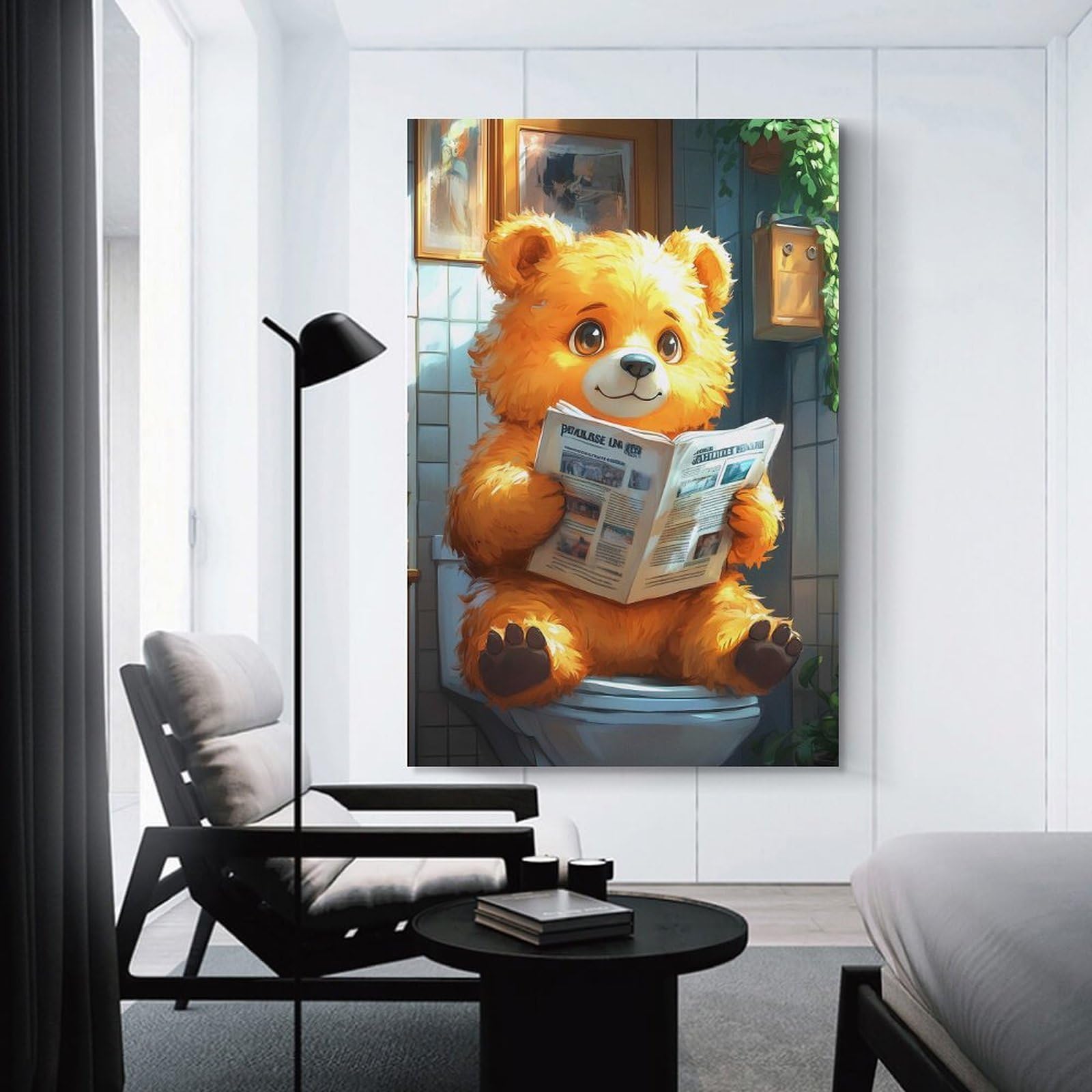 Junmoney Canvas Wall Art Bear Reading Newspaper on Toilet Funny, 16x24inch(40x60cm), for New Homes, Bedrooms Or Workspaces, Canvas Artwork with Gifting Potential