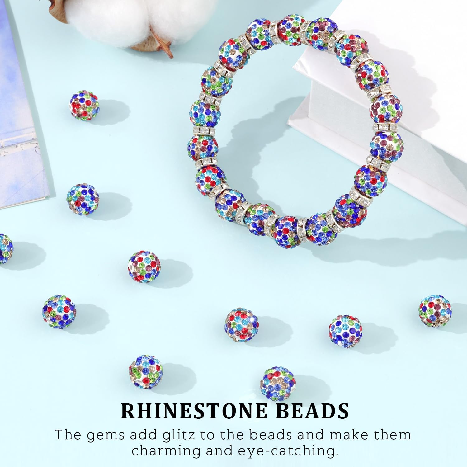 120pcs 10mm Rhinestone Beads for Jewelry Making, White Mixed Shiny Round Shamballa Disco Ball Beads, Sparkle Crystal Clay Christmas for Bracelet Baseball Necklace Earring Crafting and DIY image 2